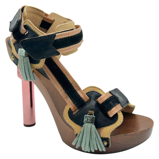 Louis Vuitton Runway Heels Black Beige Wood Metal Tassel