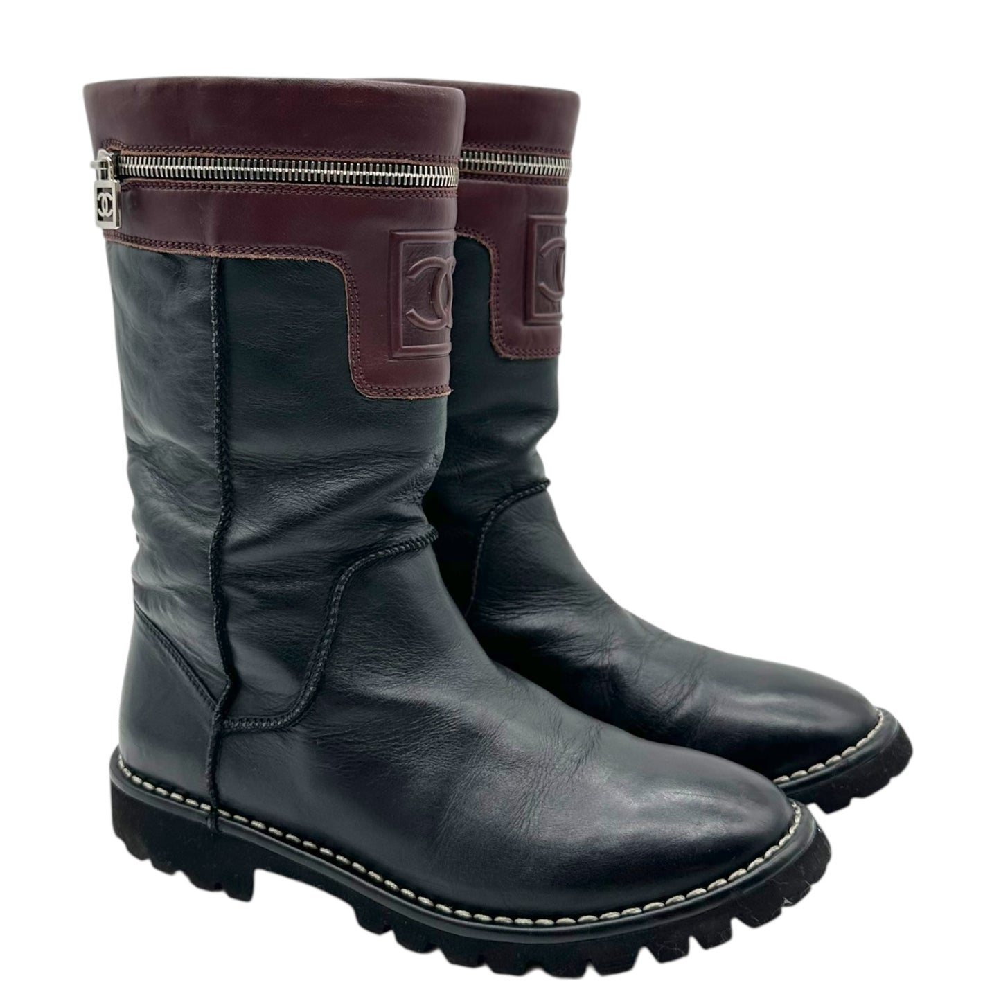 Chanel Burgundy & Black Leather Moto Boots