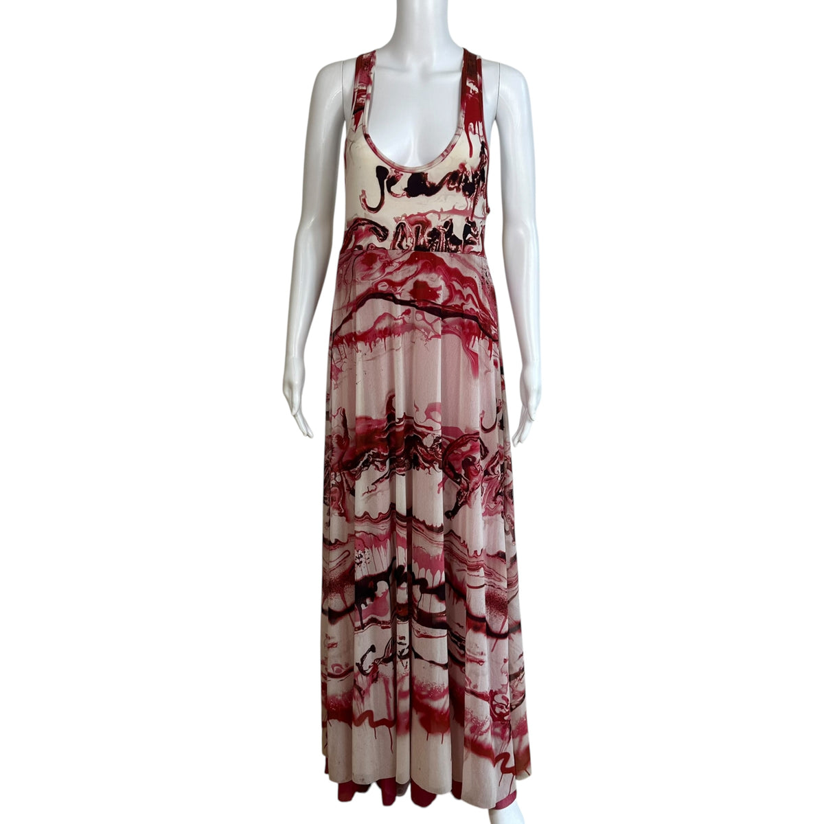 Jean Paul Gaultier Soleil Red & White Swirl Patterned Mesh Maxi Dress