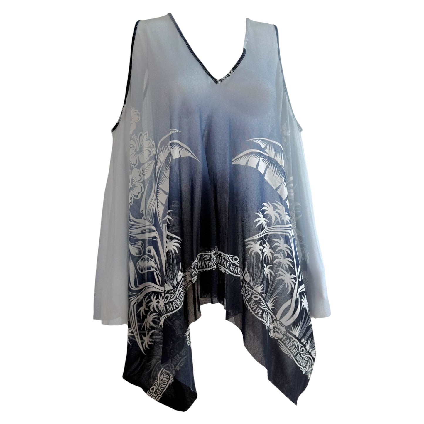 Jean Paul Gaulter Soleil Blue Gradient Tropical Print Mesh Sleeveless Blouse
