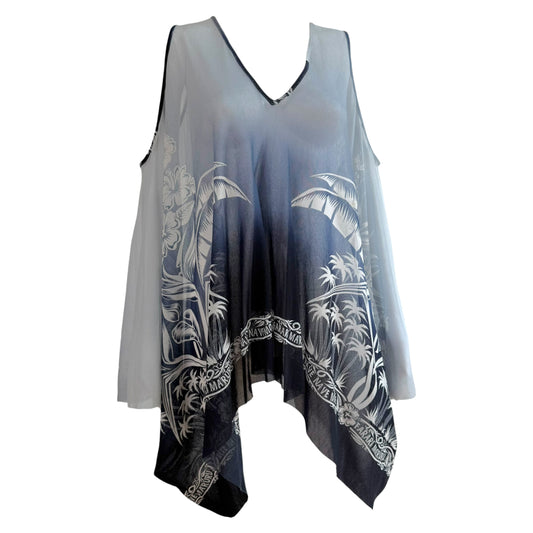 Jean Paul Gaulter Soleil Blue Gradient Tropical Print Mesh Sleeveless Blouse