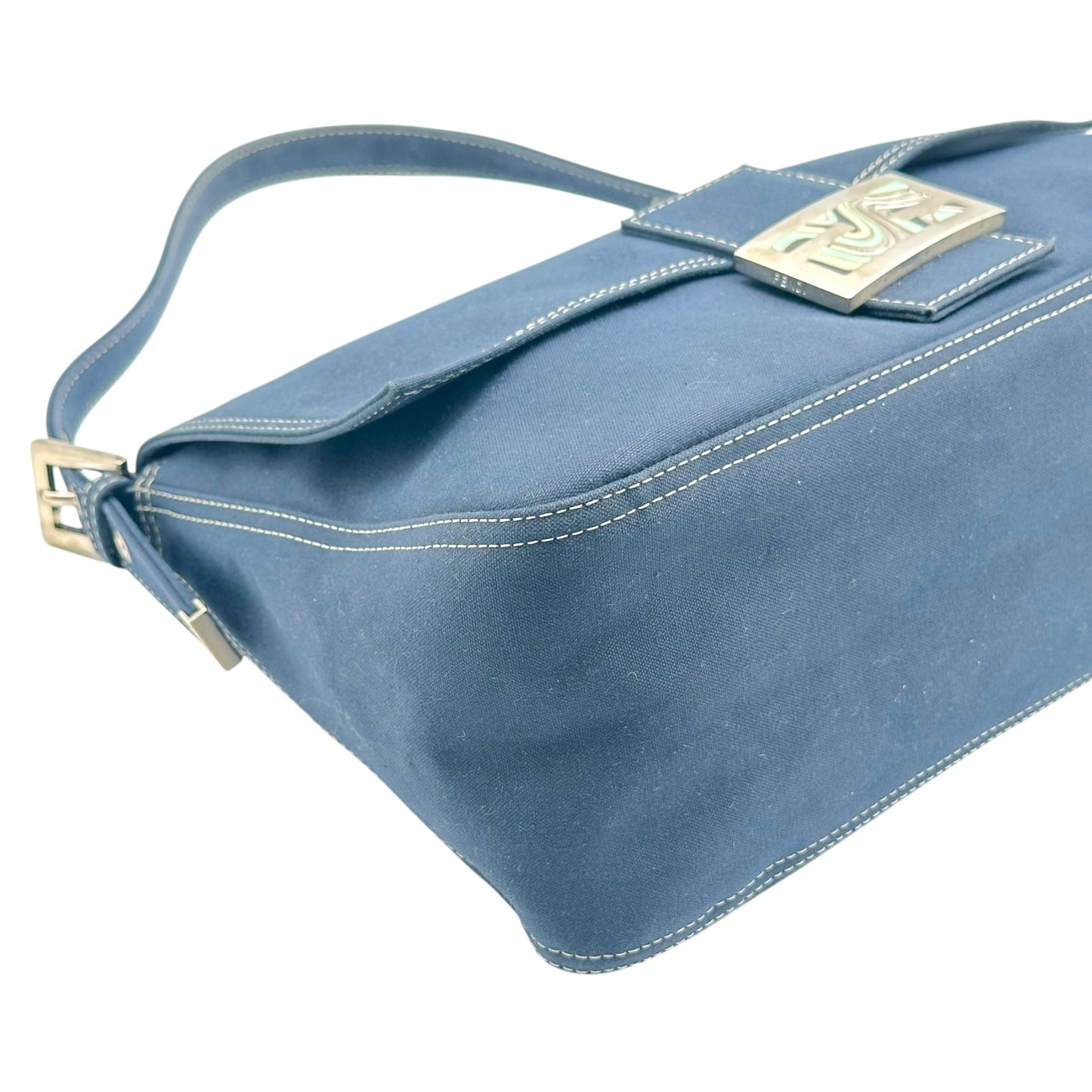 Fendi Navy Blue Canvas Mama Baguette Bag with Enamel Hardware