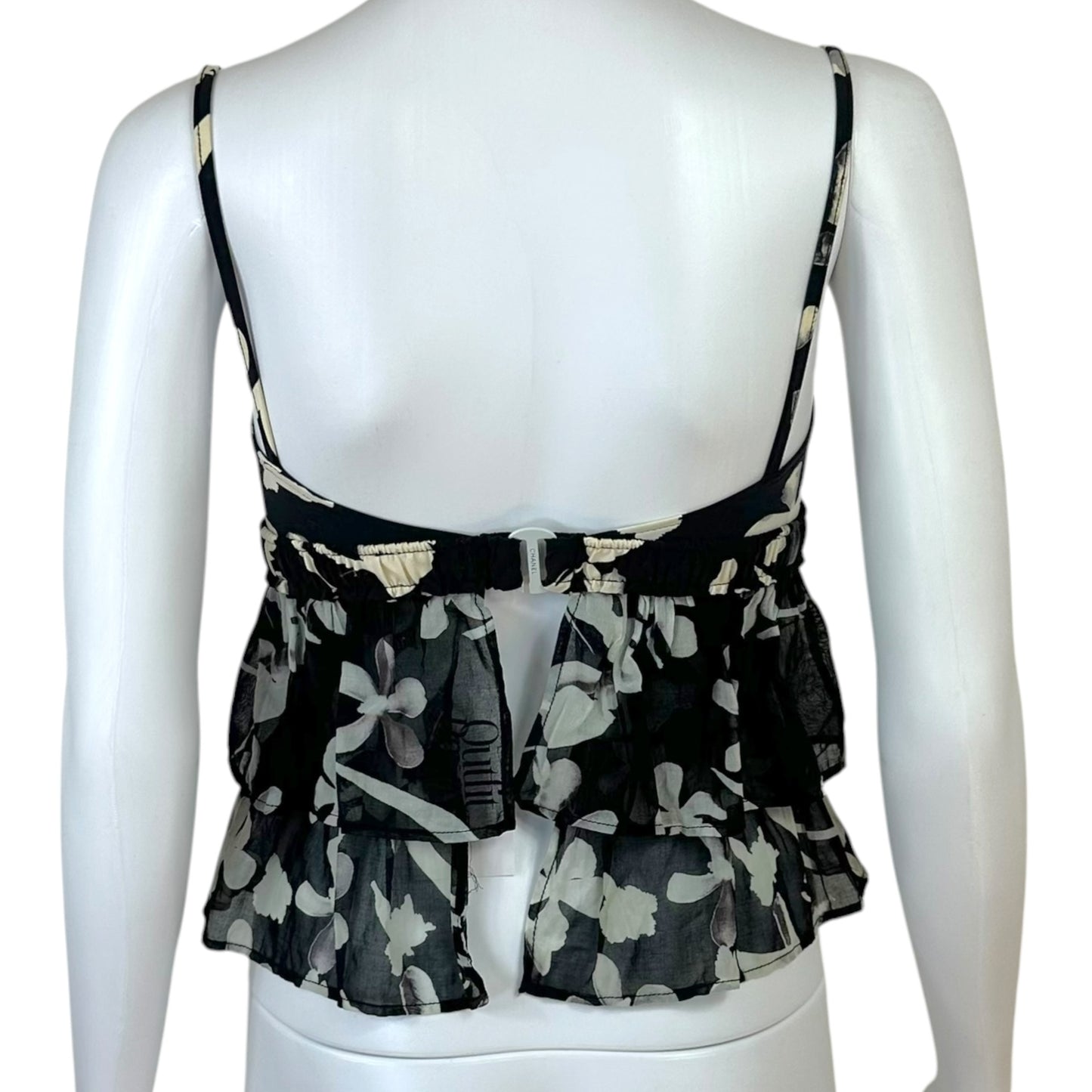 Chanel 2004 Floral Print Black & White Babydoll Cropped Open Back Tank
