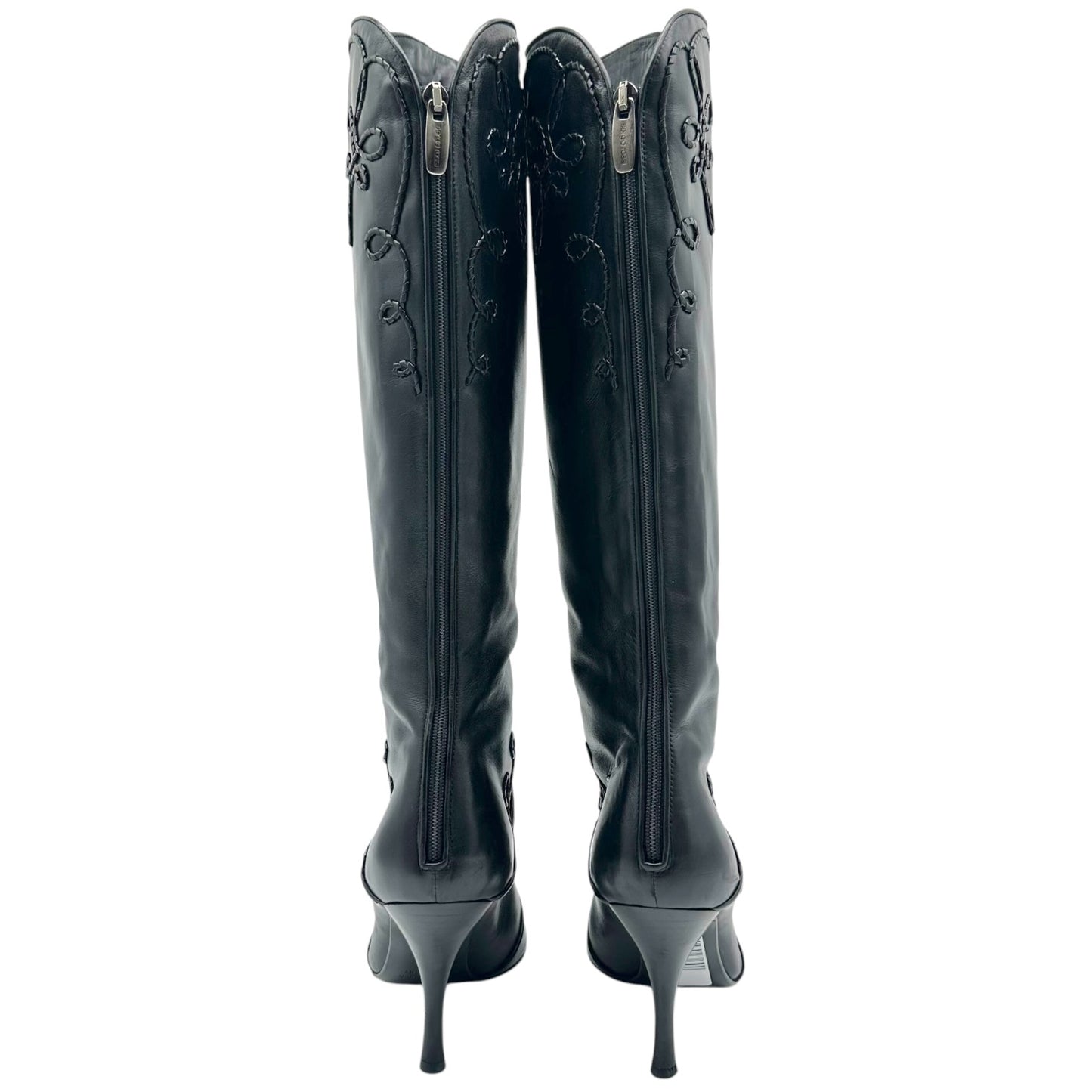 Sergio Rossi Black Braided Leather Embellished Heeled Boots