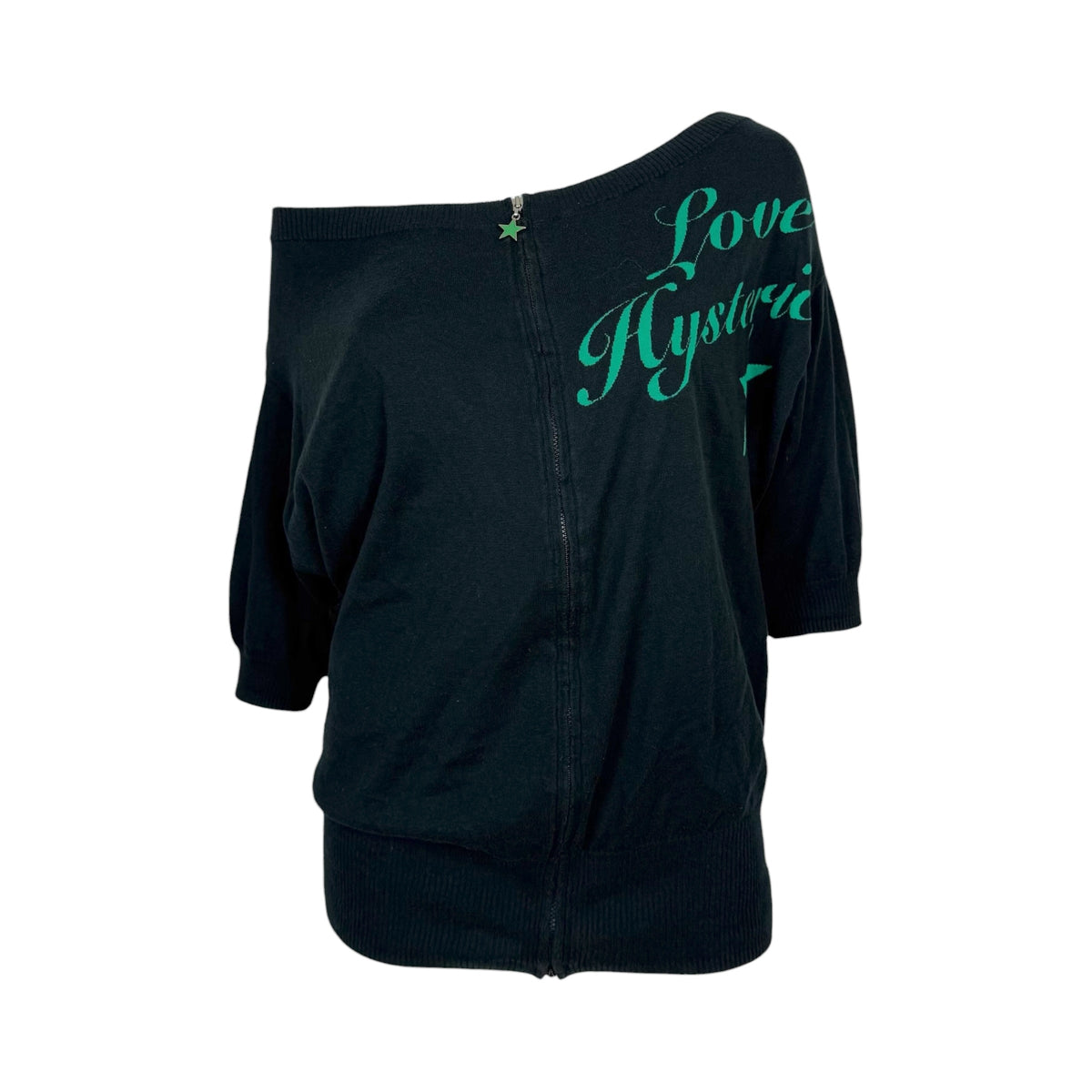 Hysteric Glamour Off-Shoulder Zip-Up Knit Top Black Green