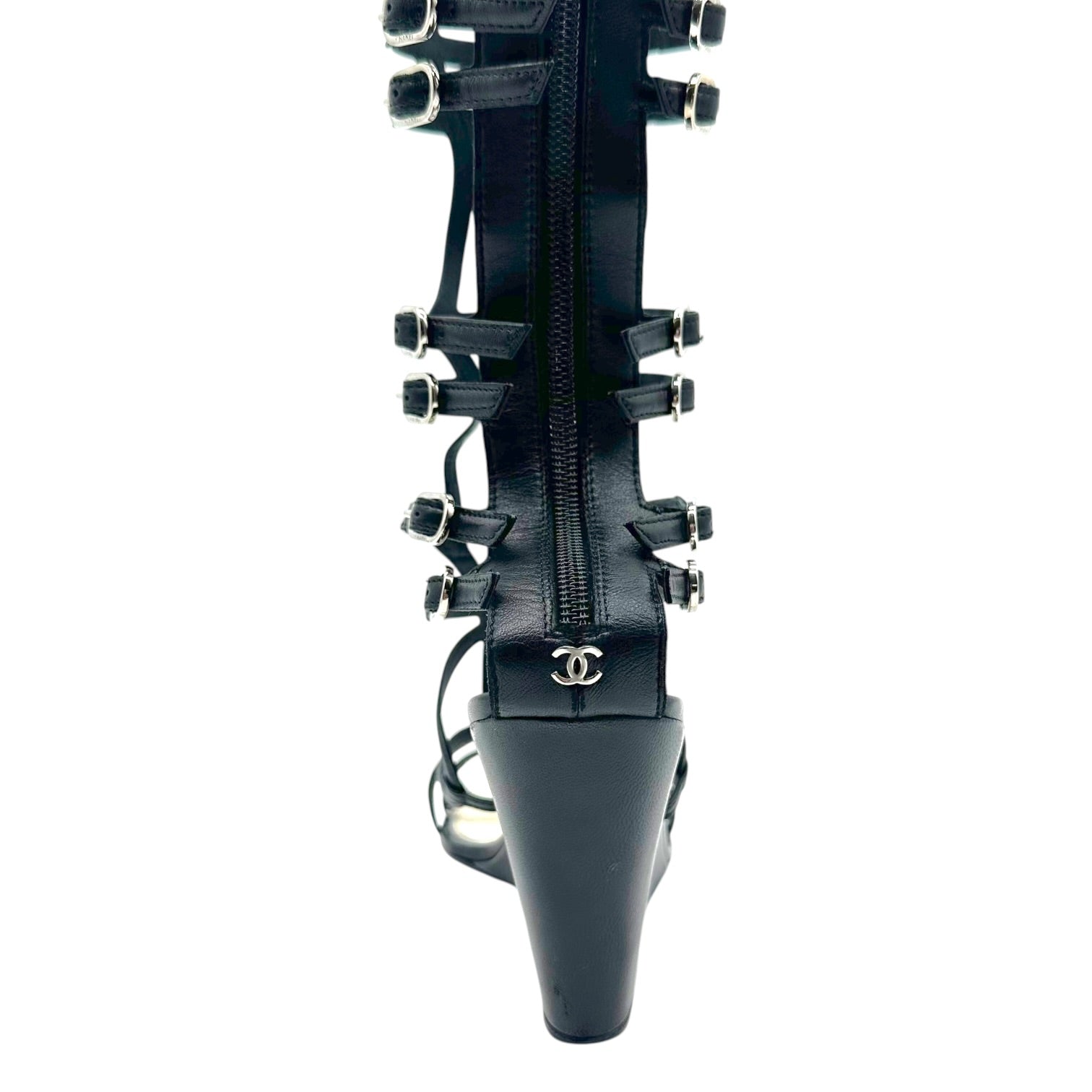 Chanel Black Leather Knee High Gladiator Wedge Sandals