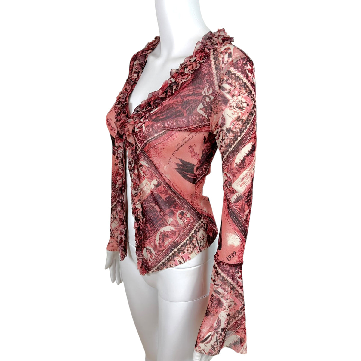 Jean Paul Gaultier Jean's Burgundy Postcard Print Mesh Fringe Trim Cardigan Top