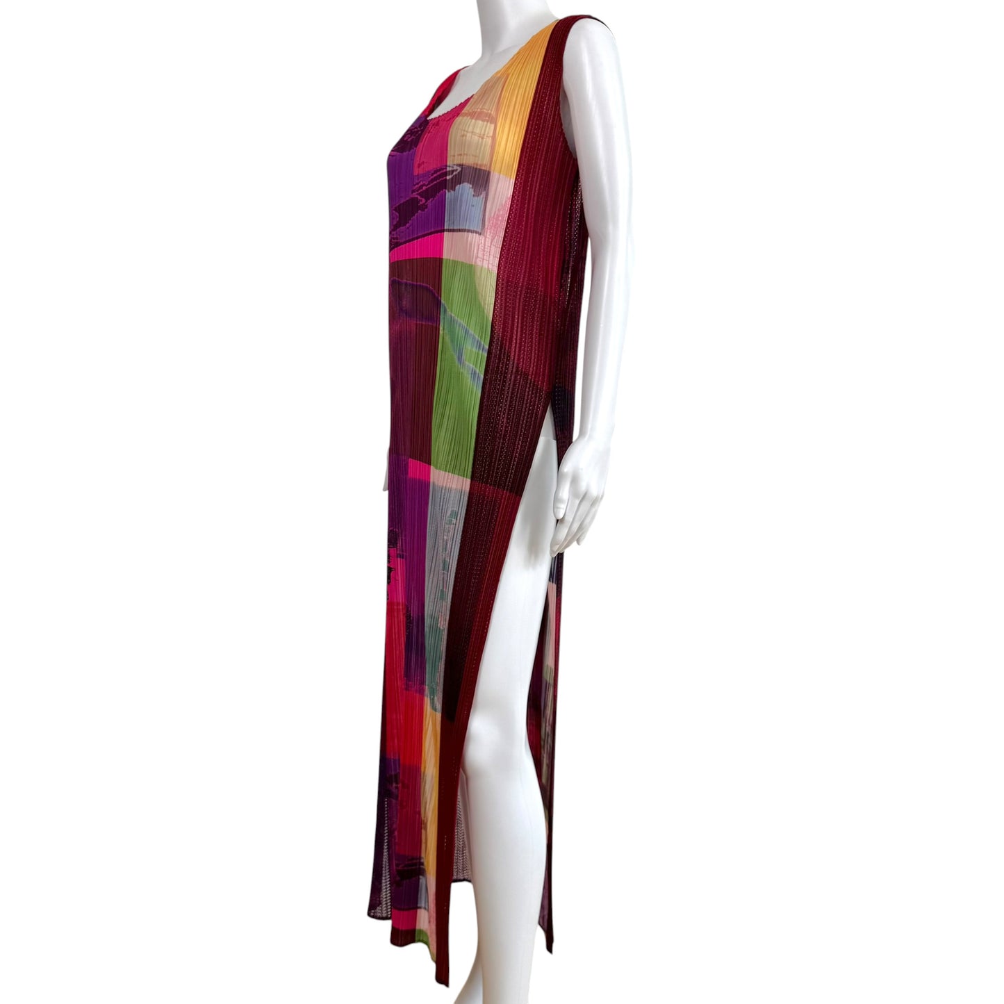 Issey Miyake Pleats Please Neon Multicolor Abstract Print Pleated Mesh Side-Slit Maxi Tunic Top Sz 5