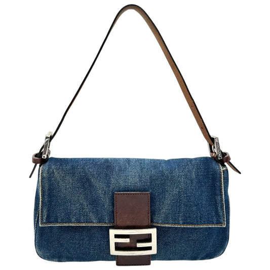 Fendi Denim & Brown Leather Baguette Bag