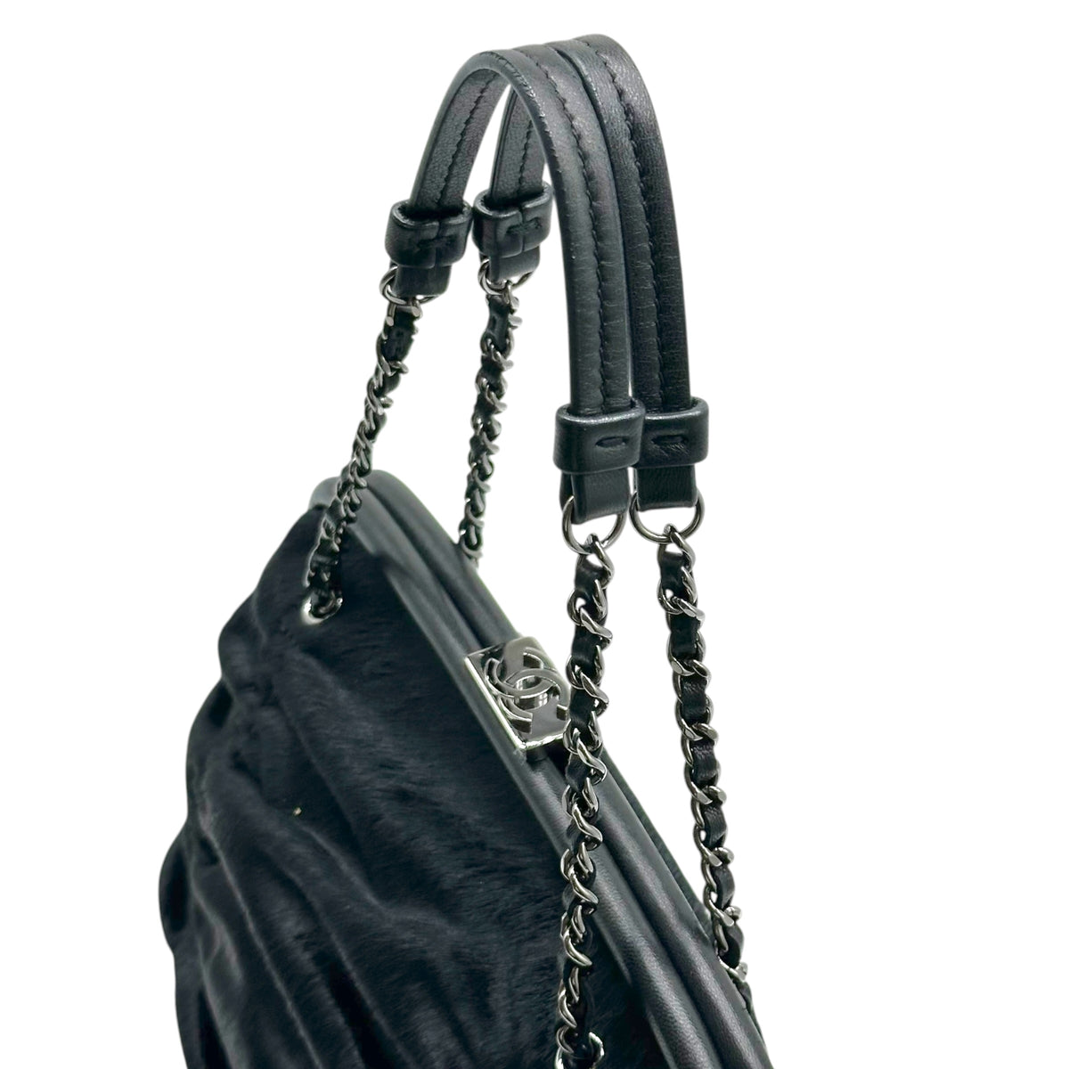 Chanel Black Ruched Ponyhair Handbag with Kisslock Closure
