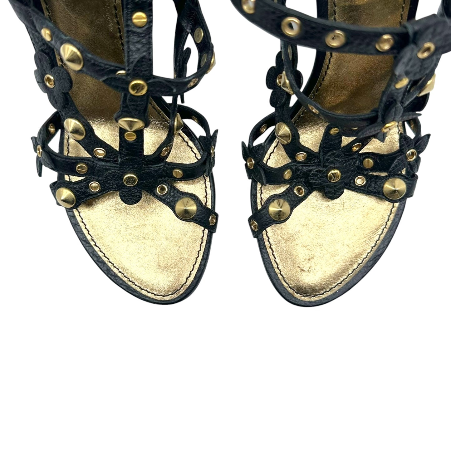 Louis Vuitton Black Leather & Gold Rivet Strappy Wooden Wedge Heeled Sandals