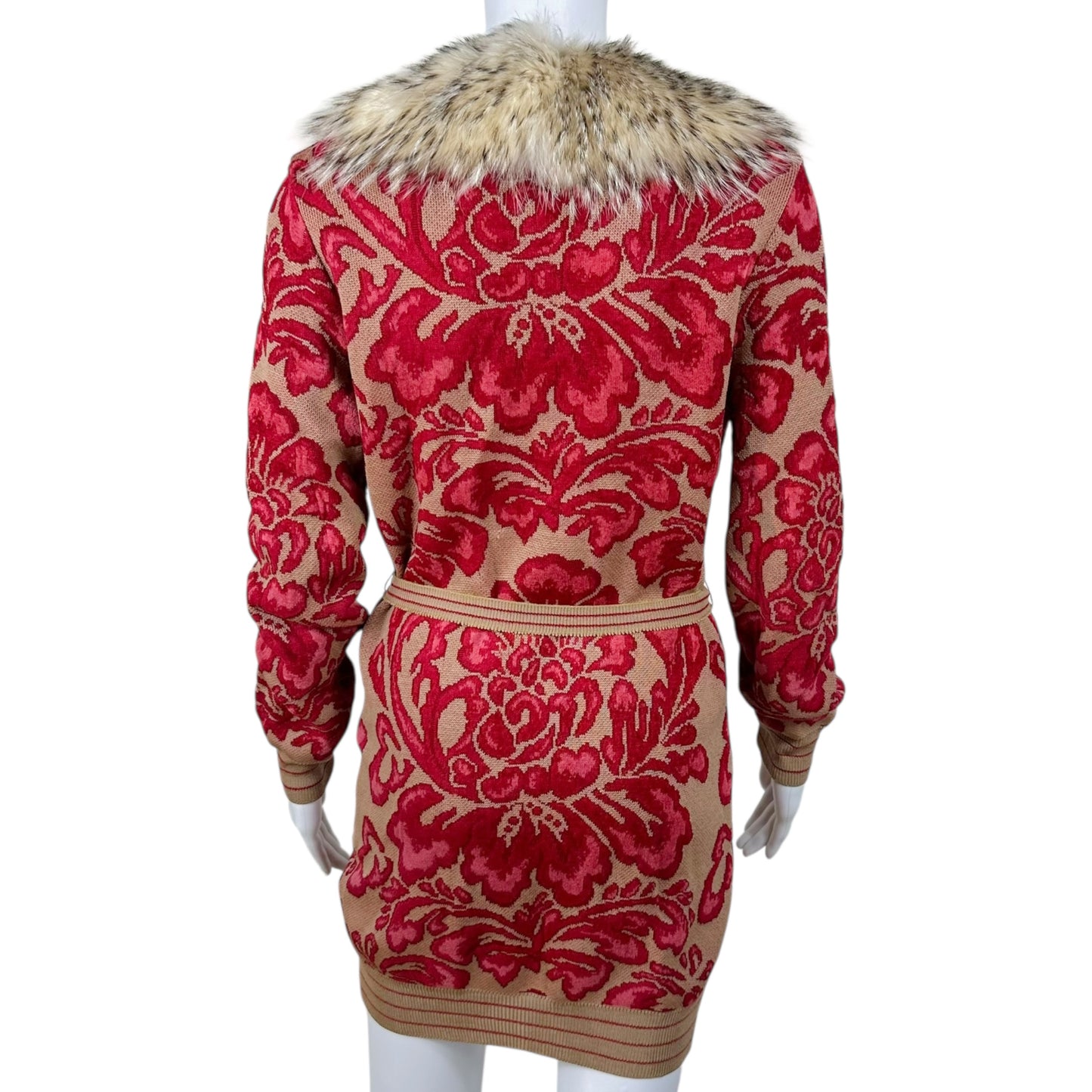 Roberto Cavalli Fox Fur Trim Patterned Knit Longline Cardigan