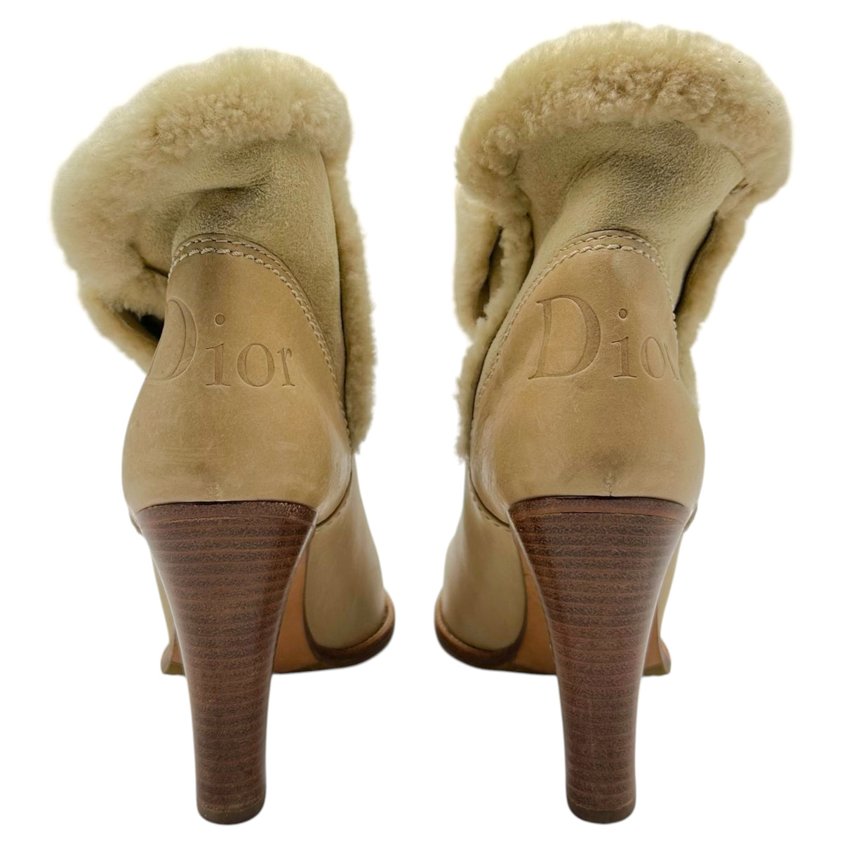 Christian Dior Beige Leather & Shearling Fold-Over Logo Heeled Booties