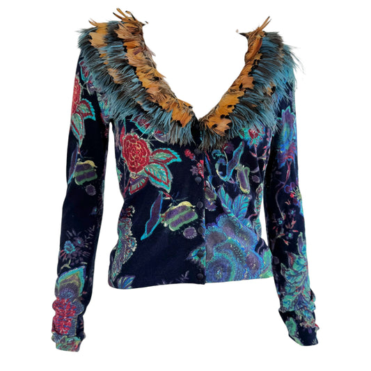 Blumarine Blue Floral Feather Trim Collar Cardigan