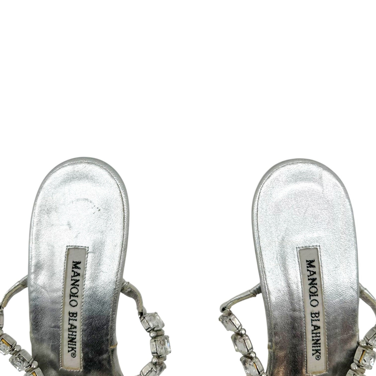 Manolo Blahnik Silver Crystal Embellished Kitten Heel Flip Flops