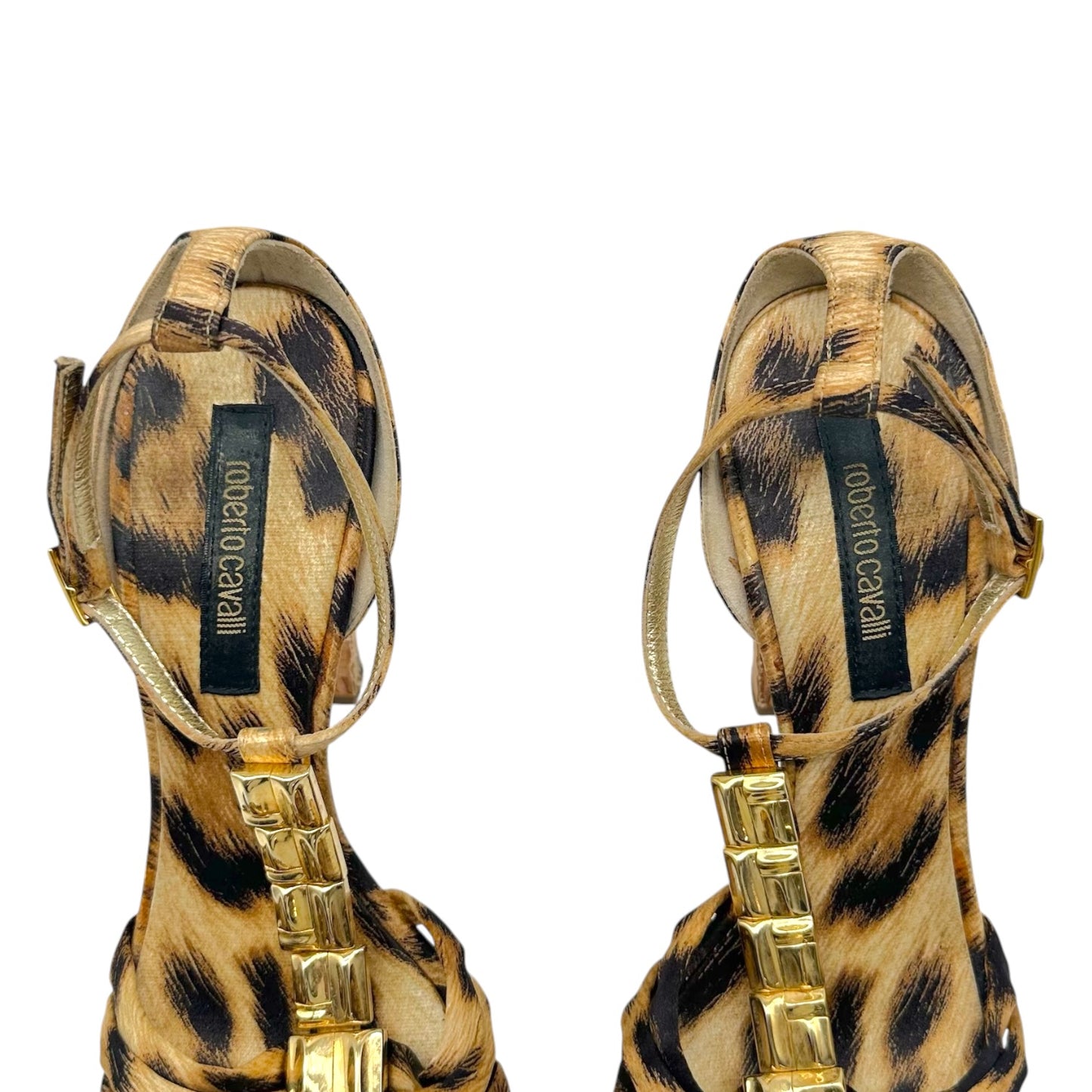 Roberto Cavalli Leopard Satin & Gold Embellished Cork Platform Sandal Heels