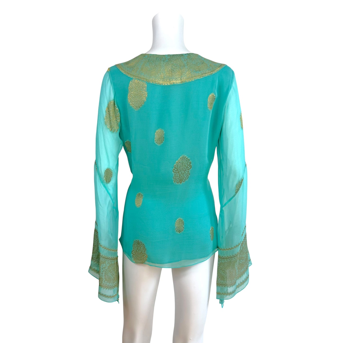 Ralph Lauren Black Label Turquoise & Gold Paisely Patterned Silk Blouse