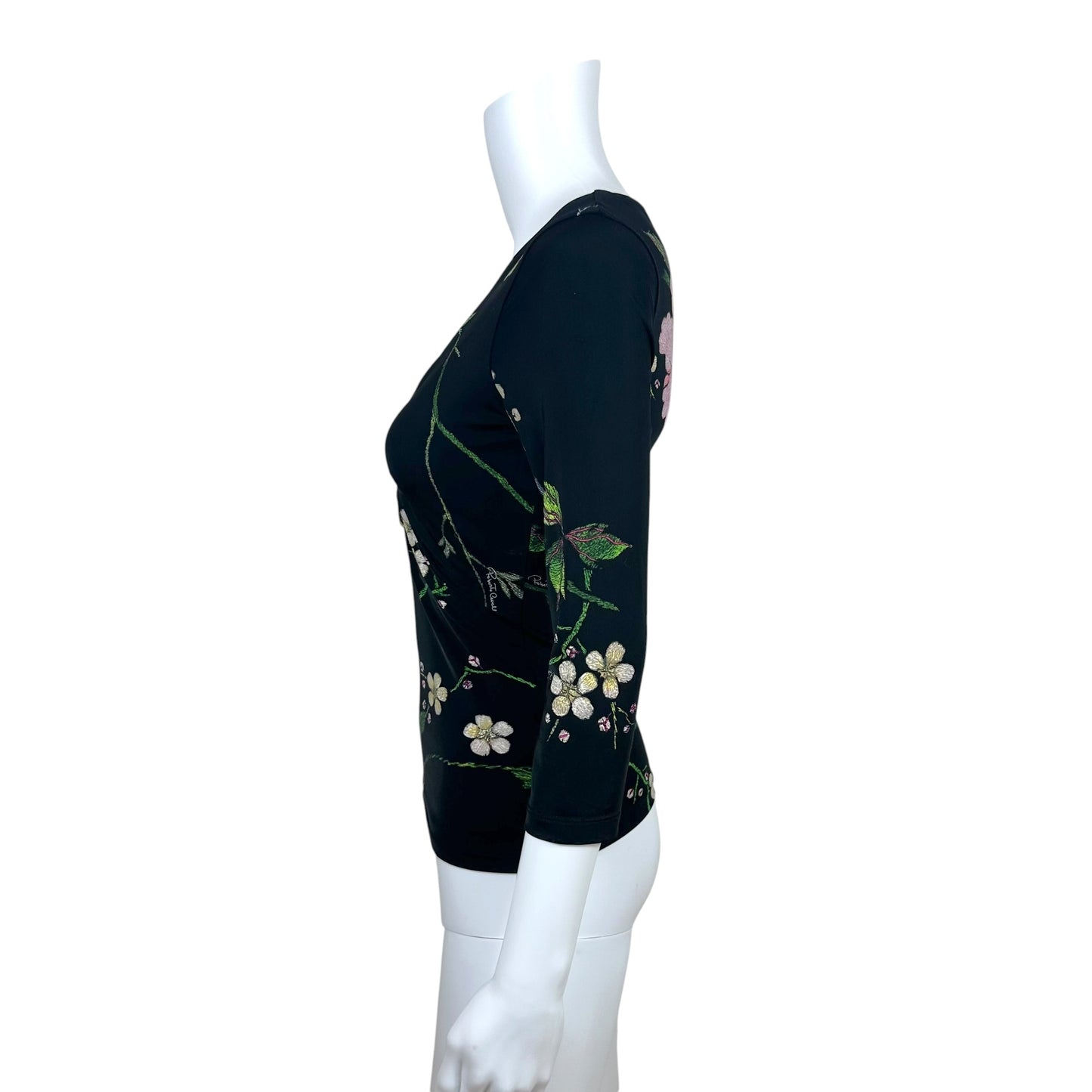 Roberto Cavalli Black Multicolor Floral & Snake Charm Plunge Neck 3/4 Sleeve Top