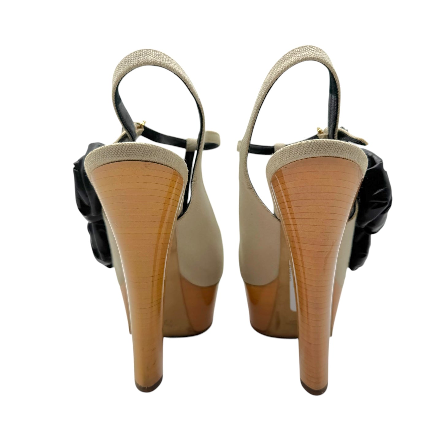 Louis Vuitton Beige Canvas & Black Leather Wooden Platform Heeled Sandals
