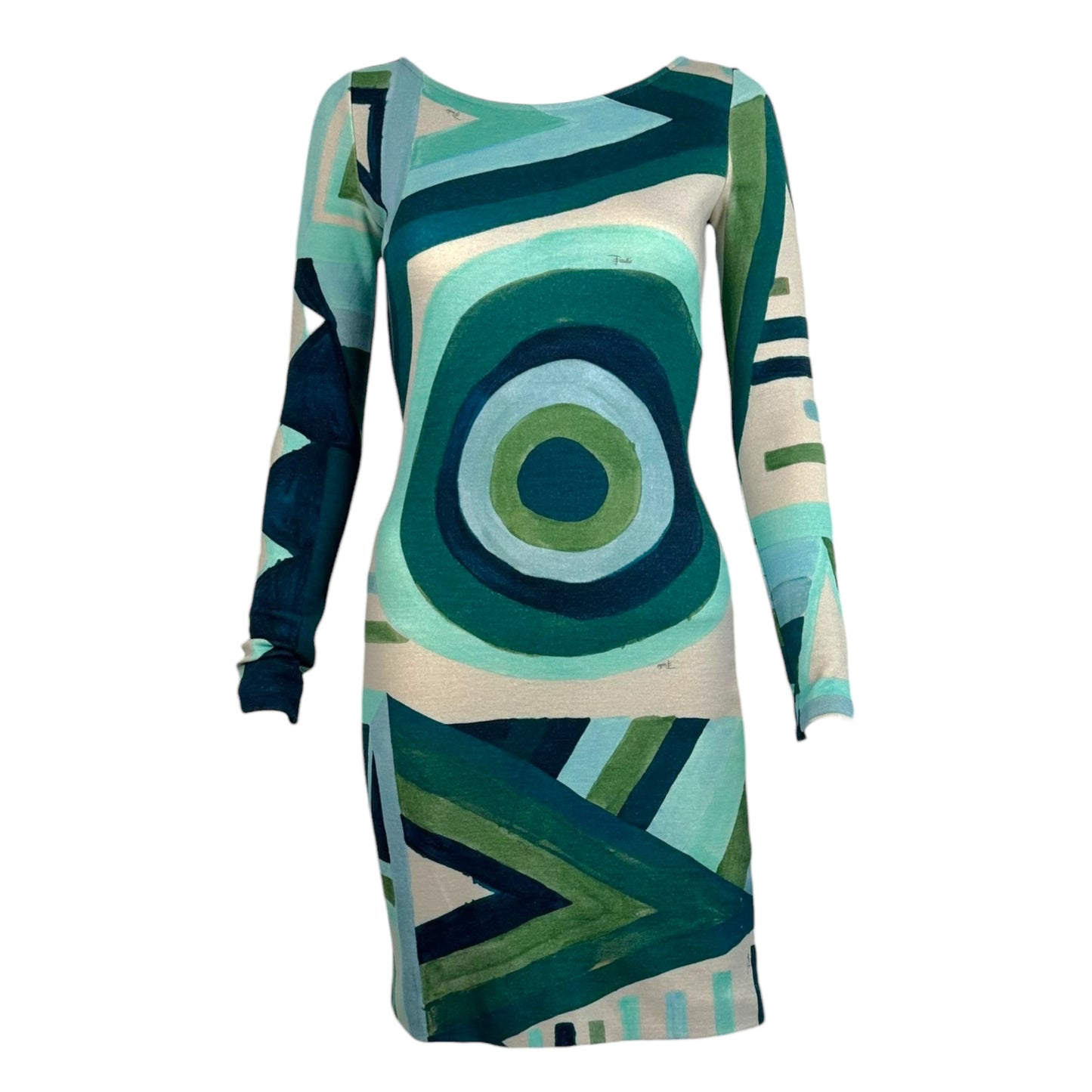 Emilio Pucci Teal Printed Wool Knit Longsleeve Mini Dress