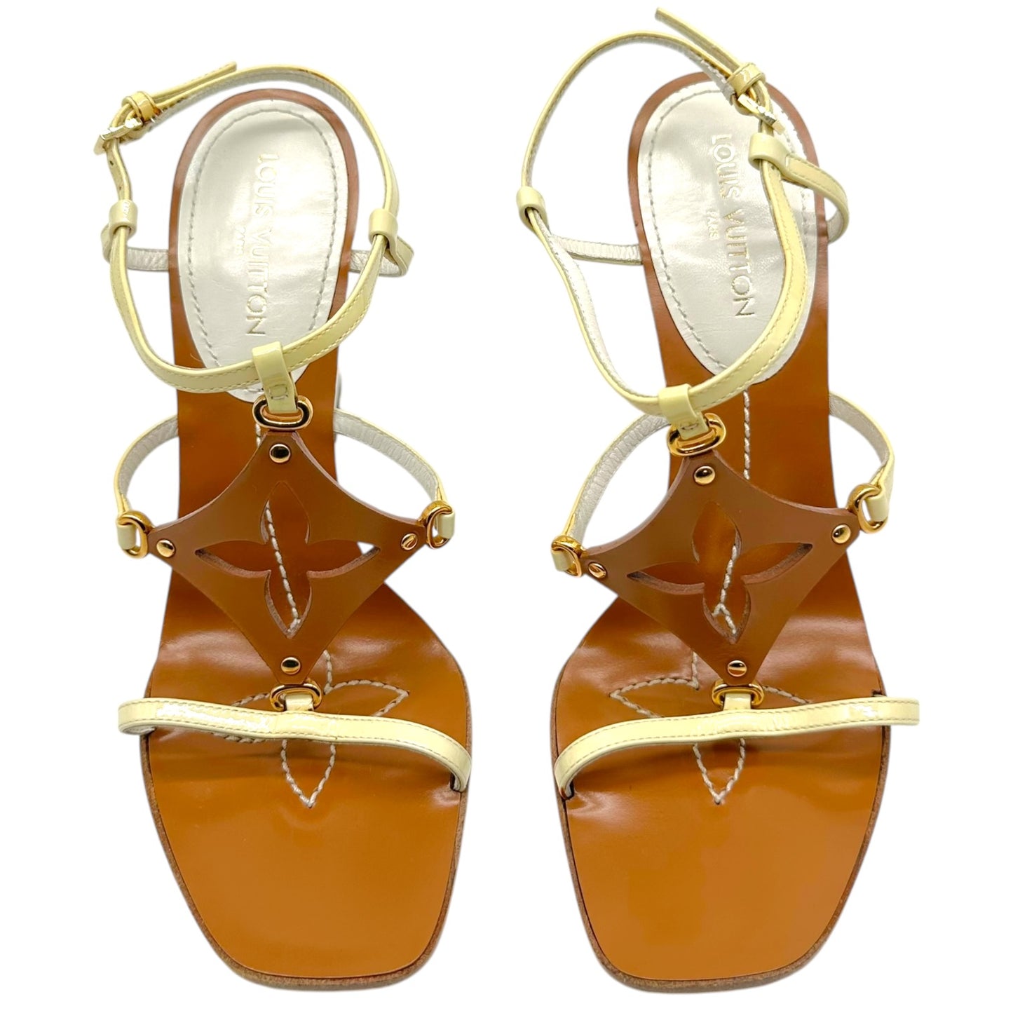 Louis Vuitton Wedge Sandal Heels Ivory Tan Logo Motif