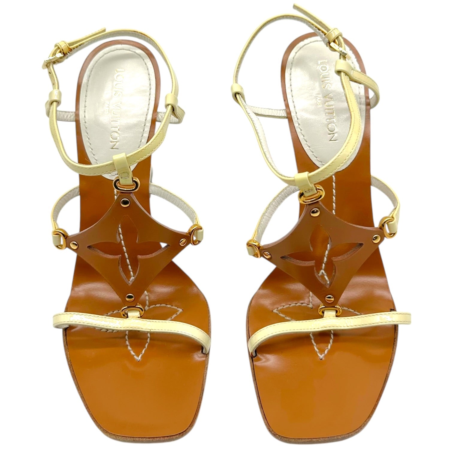 Louis Vuitton Wedge Sandal Heels Ivory Tan Logo Motif
