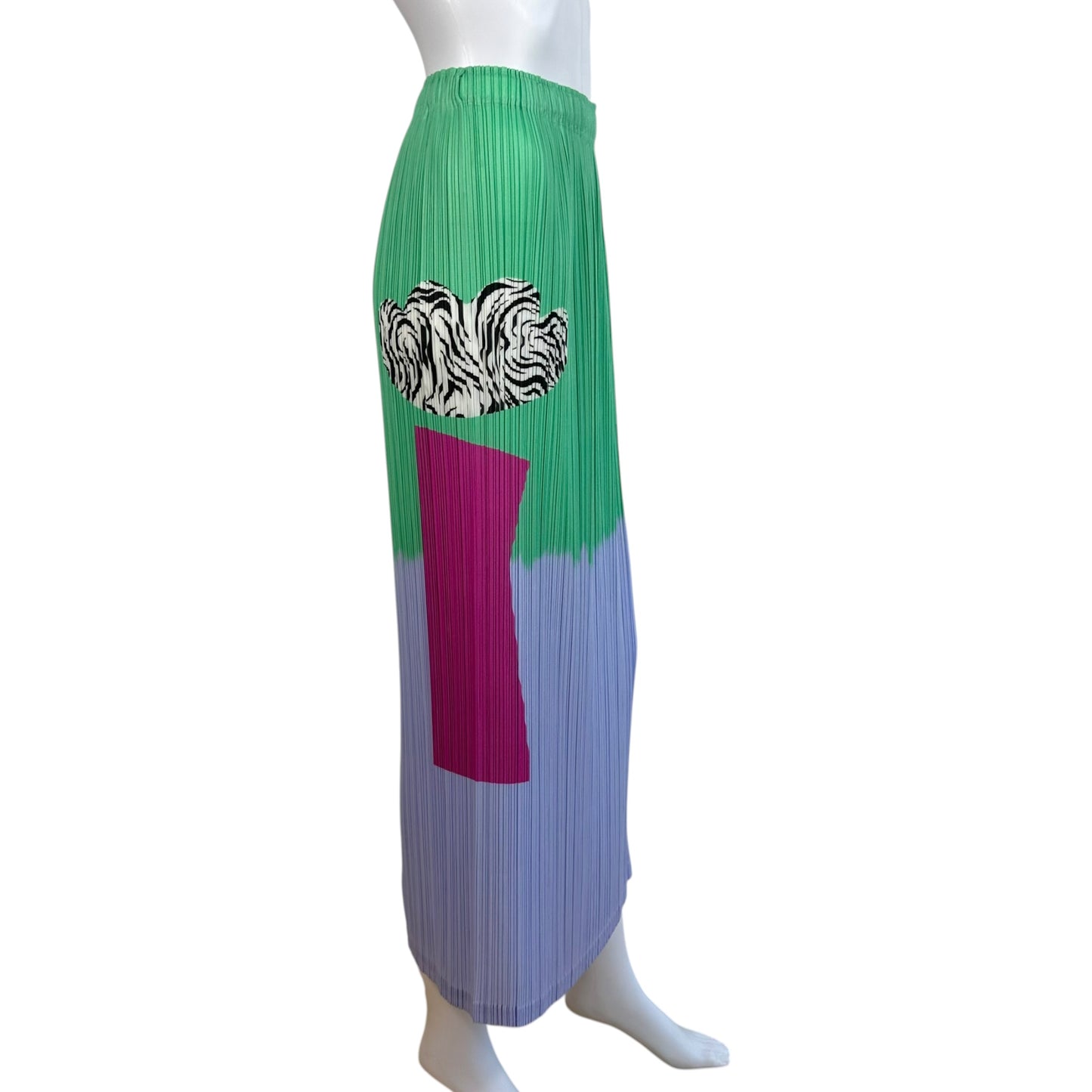 Issey Miyake Pleats Please Purple Pink & Green Floral Motif Pleated Maxi Skirt