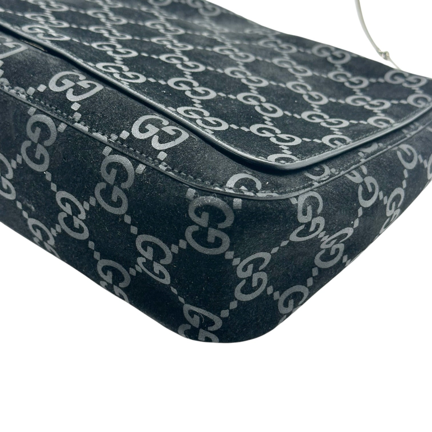 Gucci Black Embossed Suede Shoulder Bag with Metal Strap