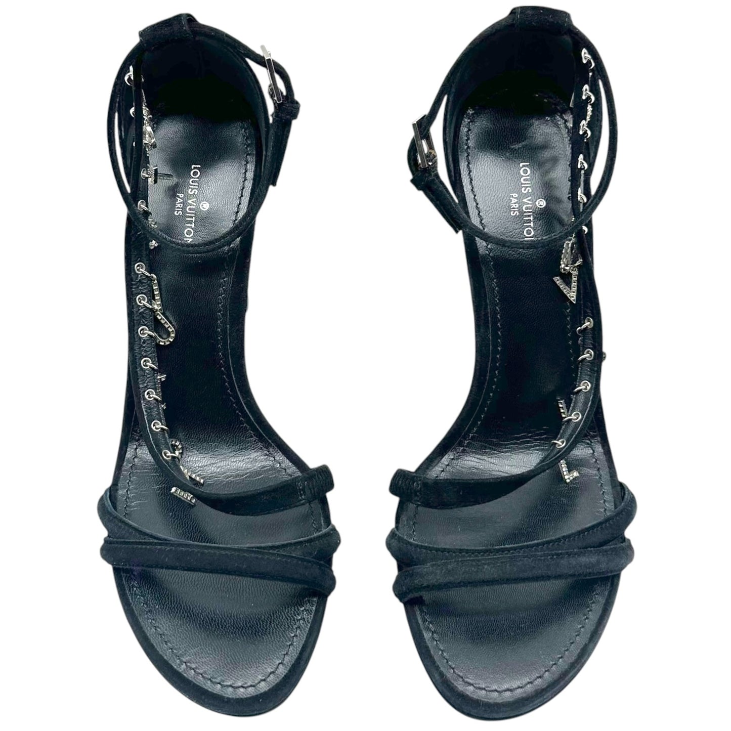 Louis Vuitton Melody Rhinestine Logo Charm Black Suede Platform Heeled Sandals