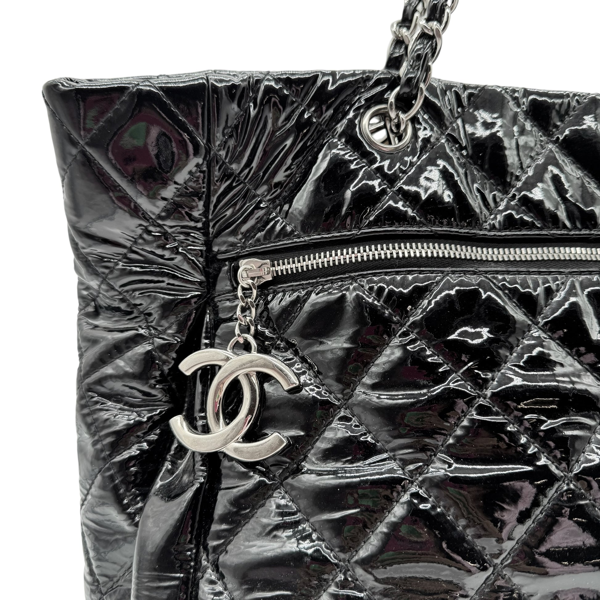 Chanel Black Patent Matelasse Quilted Leather Chain Strap Tote Bag 2009-10 - Outfit Repeater