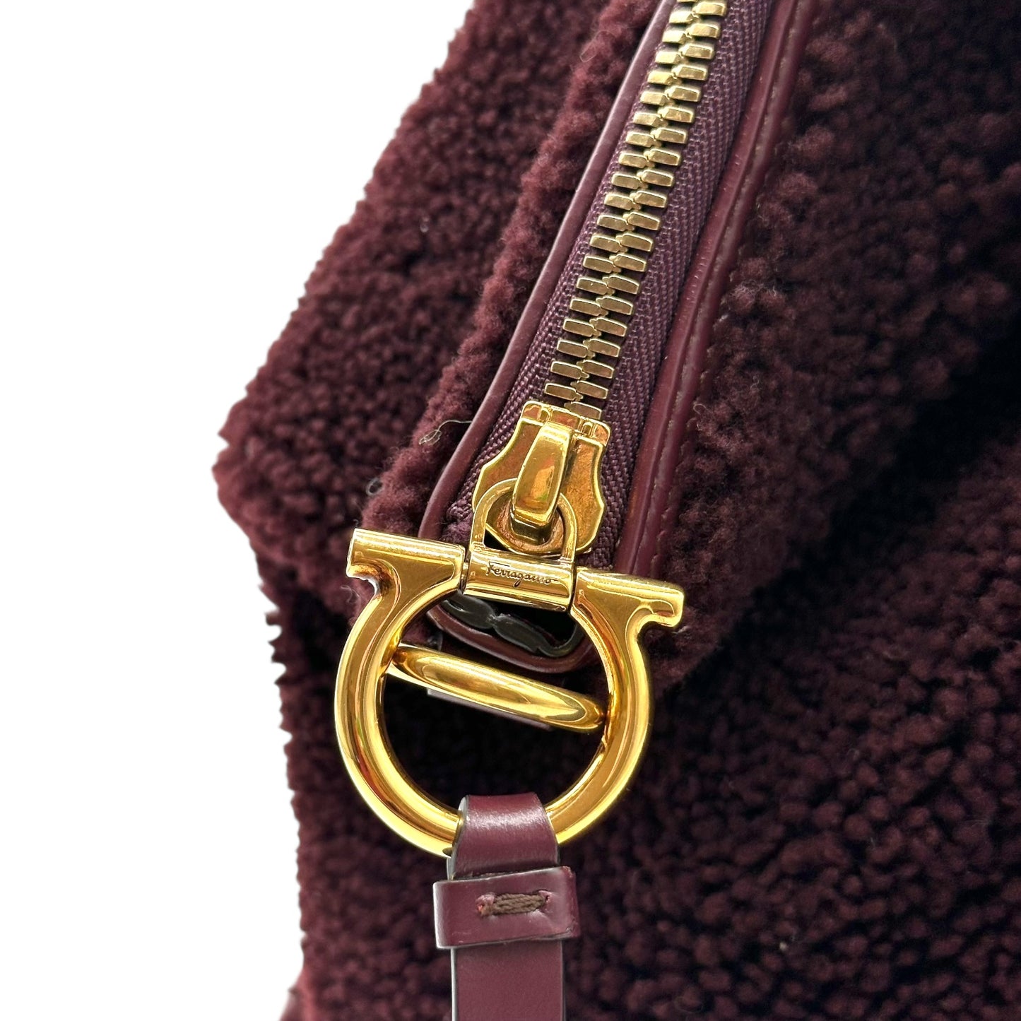 Salvatore Ferragamo Burgundy Shearling & Leather Tote Bag