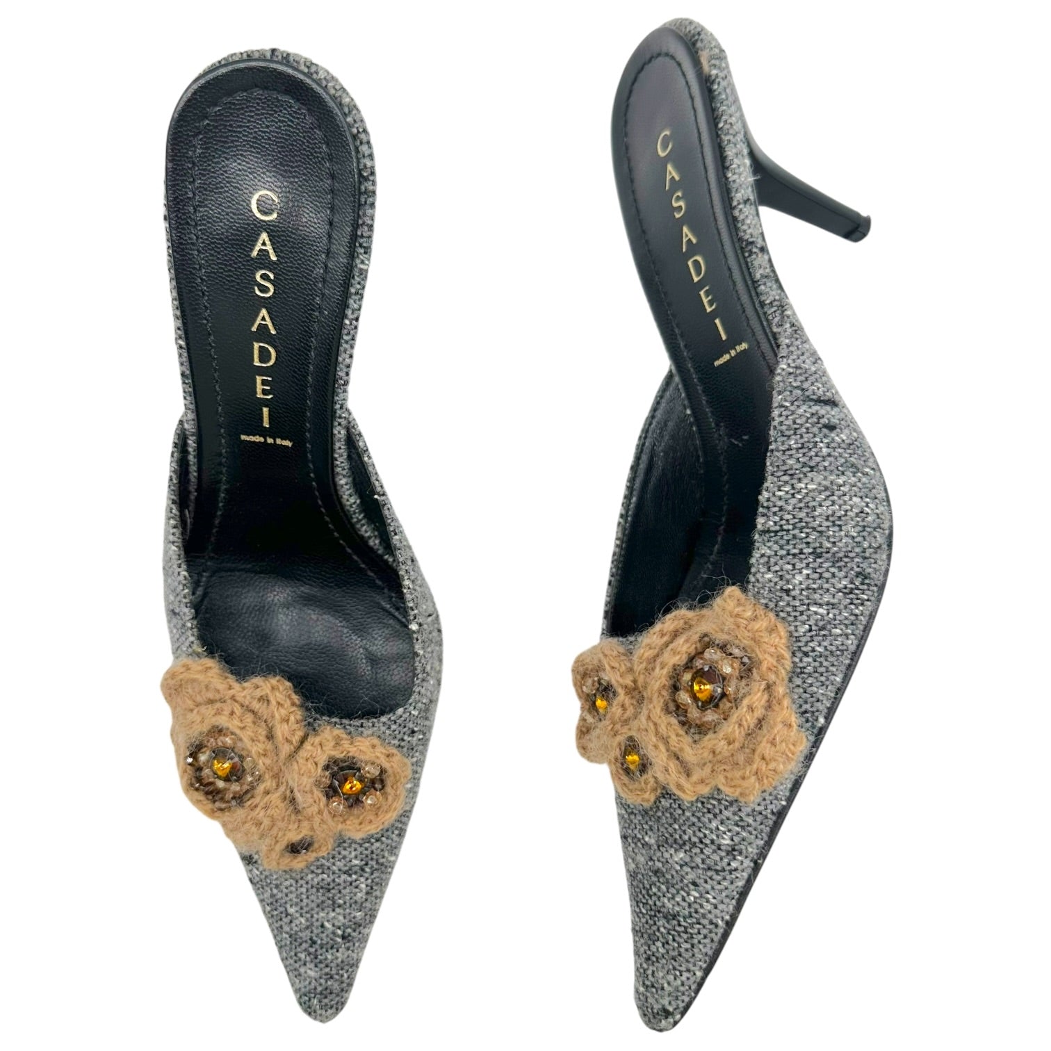 Casadei Kitten Heel Mules Gray Tweed Knit
