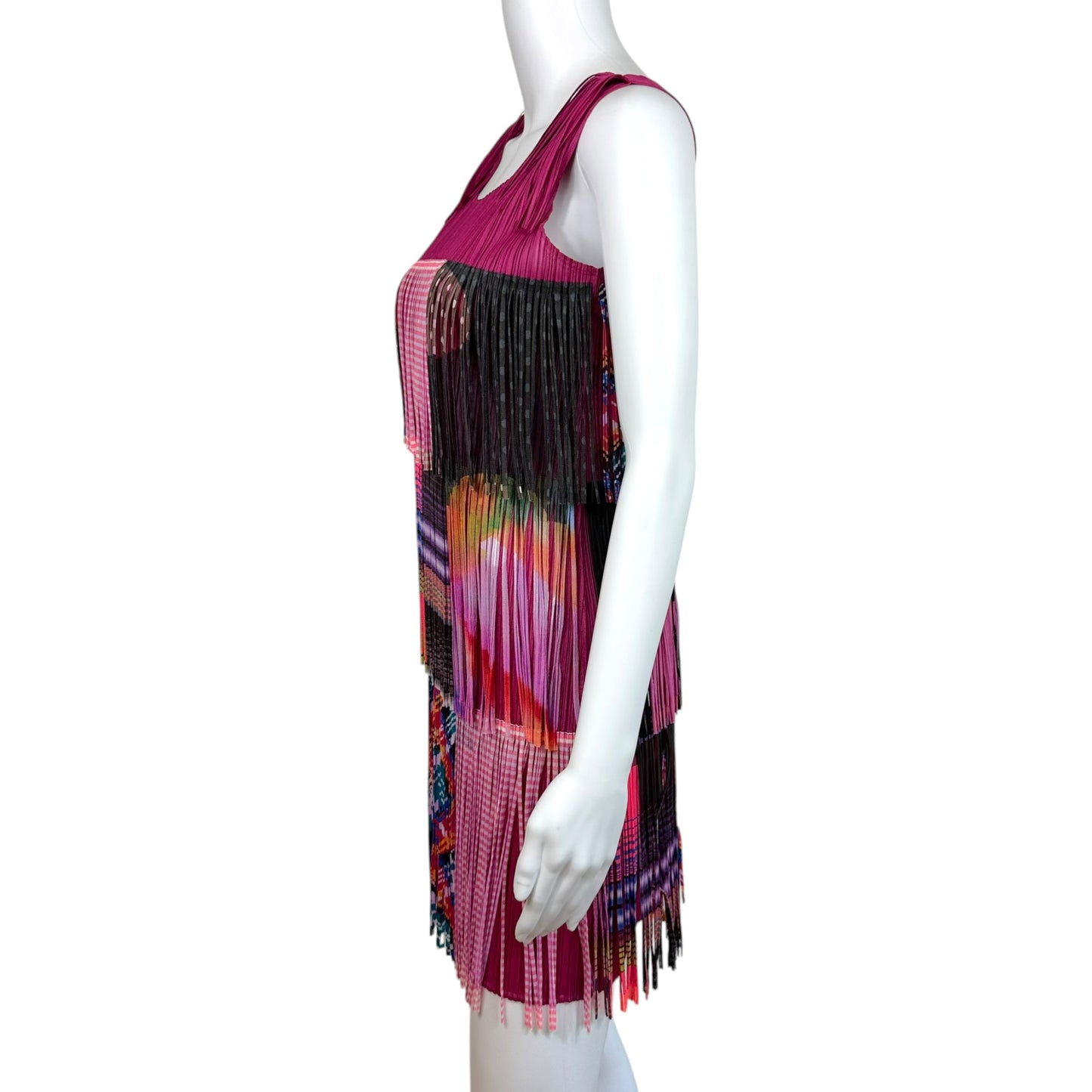 Issey Miyake Pleats Please Pink Multicolor Plaid Print Fringe Mini Dress
