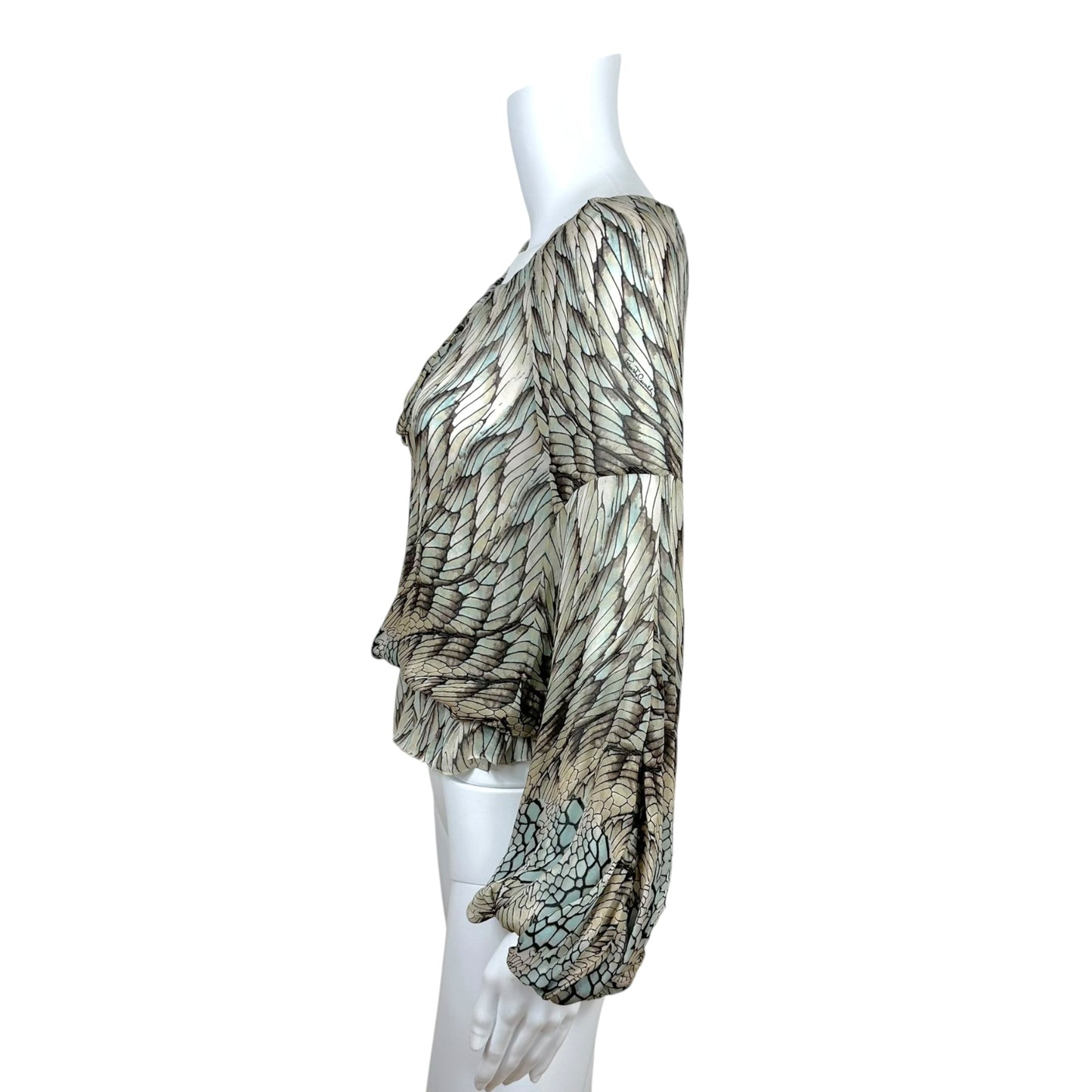 Roberto Cavalli 2006 Blue & Brown Feather Print Silk Peasant Blouse