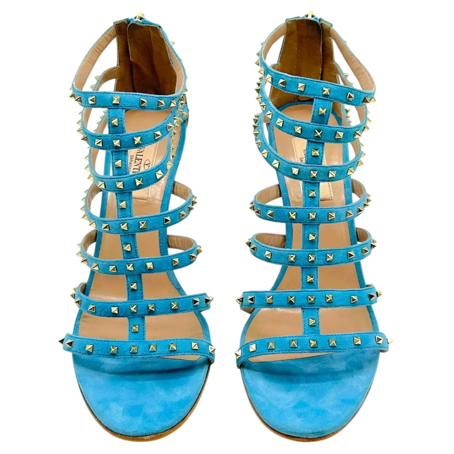 Valentino Turquoise Suede & Gold Rockstud Gladiator Heels