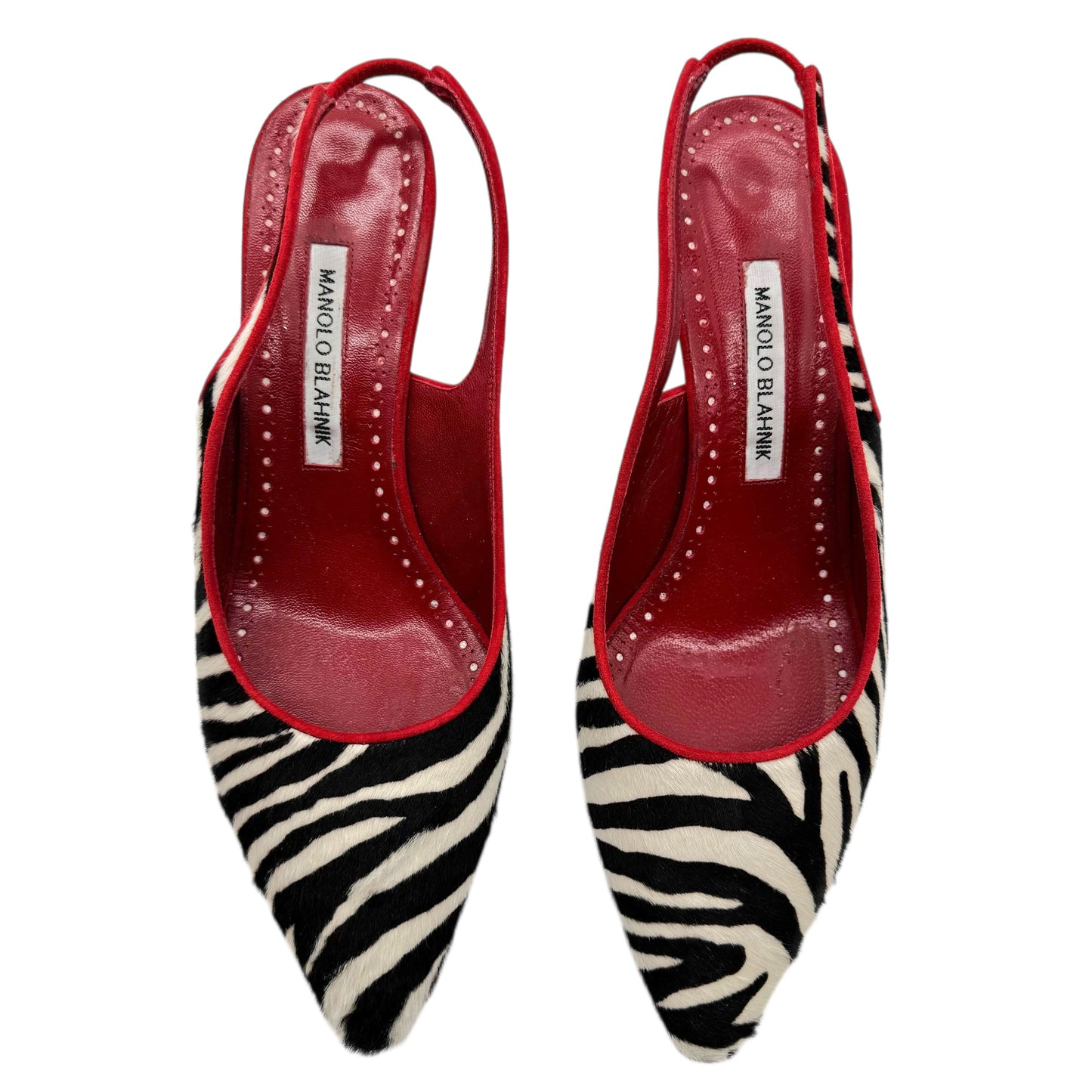 Manolo Blahnik Zebra & Red Leather Ponyhair Slingback Kitten Heels