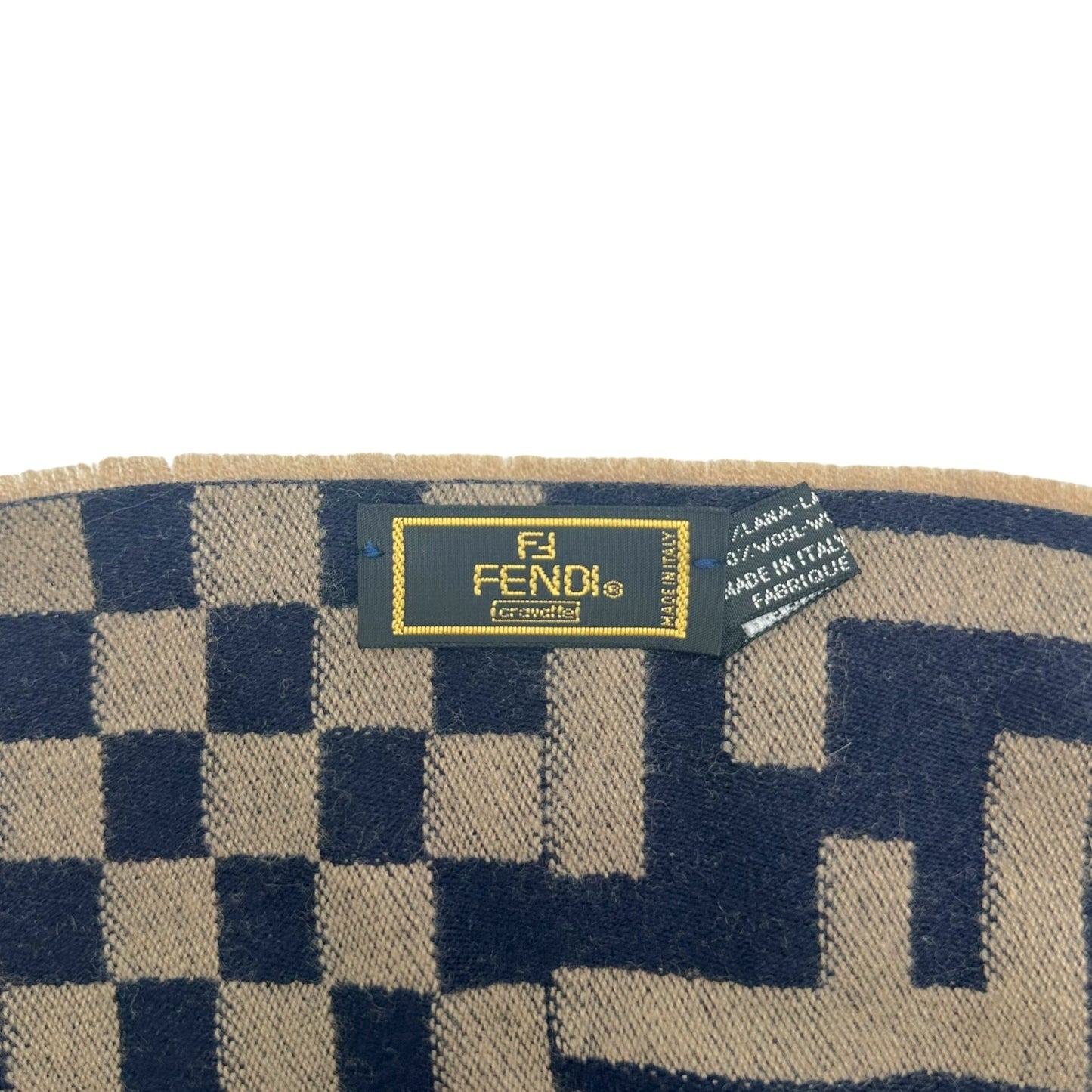 Fendi Navy Blue & Tan Checkered & Monogram Wool Scarf
