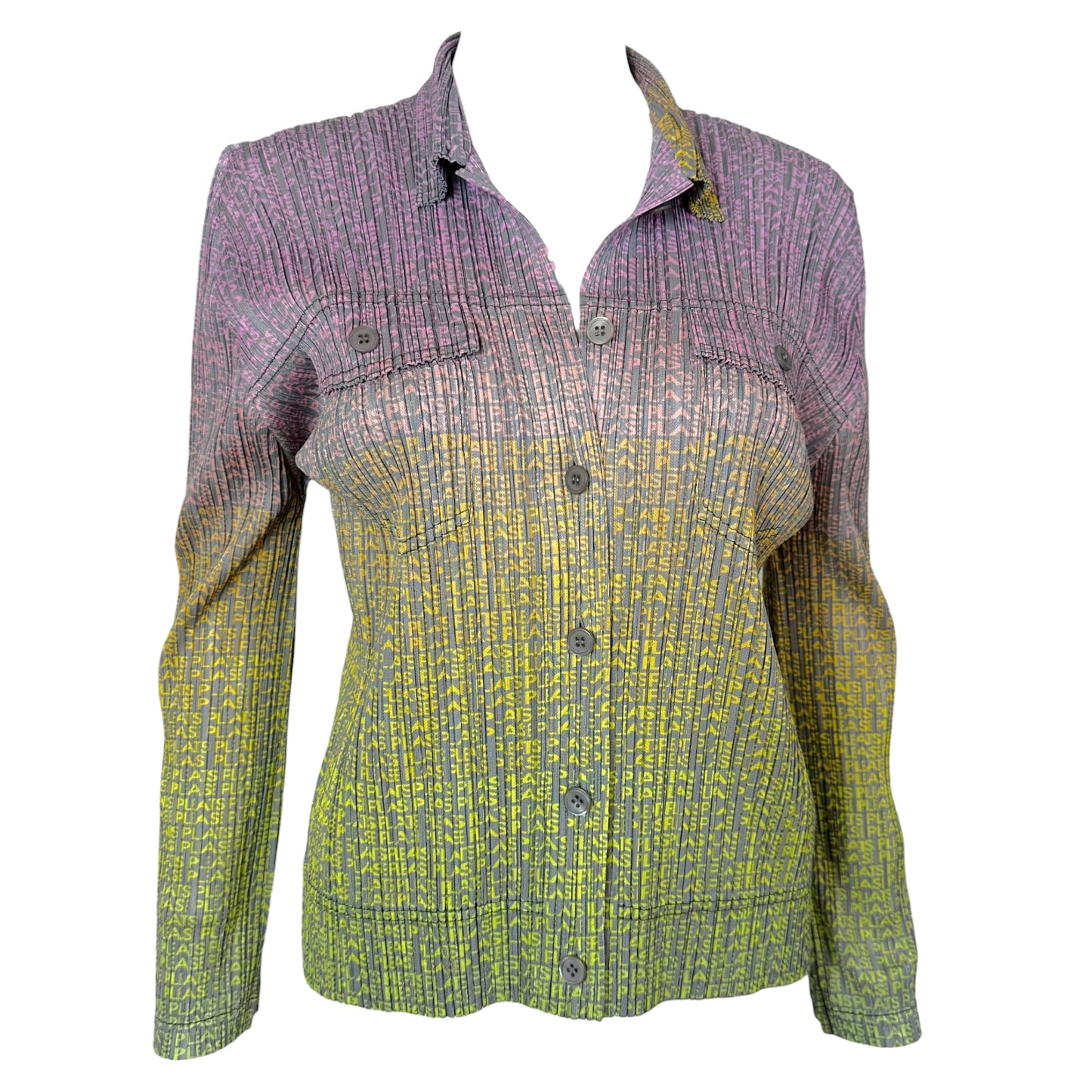 Issey Miyake Pleats Please Purple-Green Ombre Logo Print Button Up Jacket