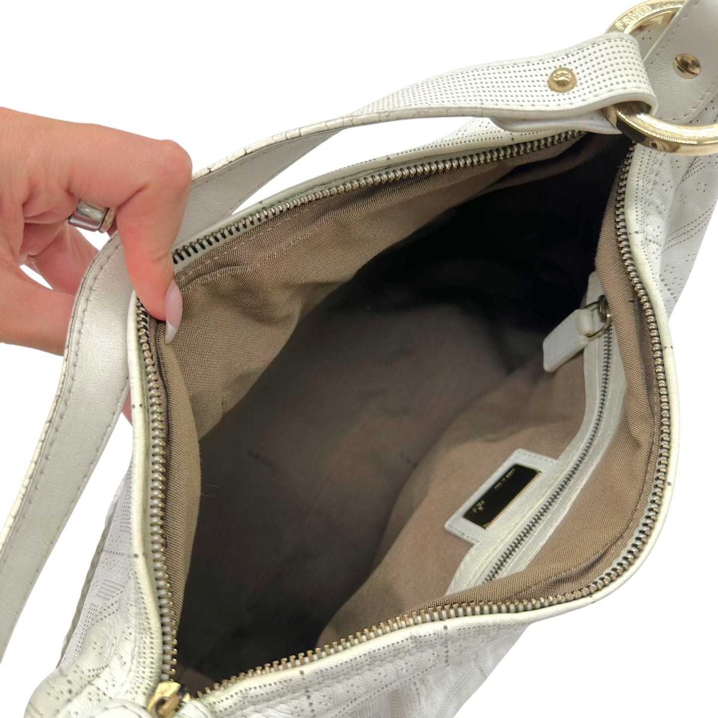 Fendi Large Chef Shoulder Bag White Perforated Leather