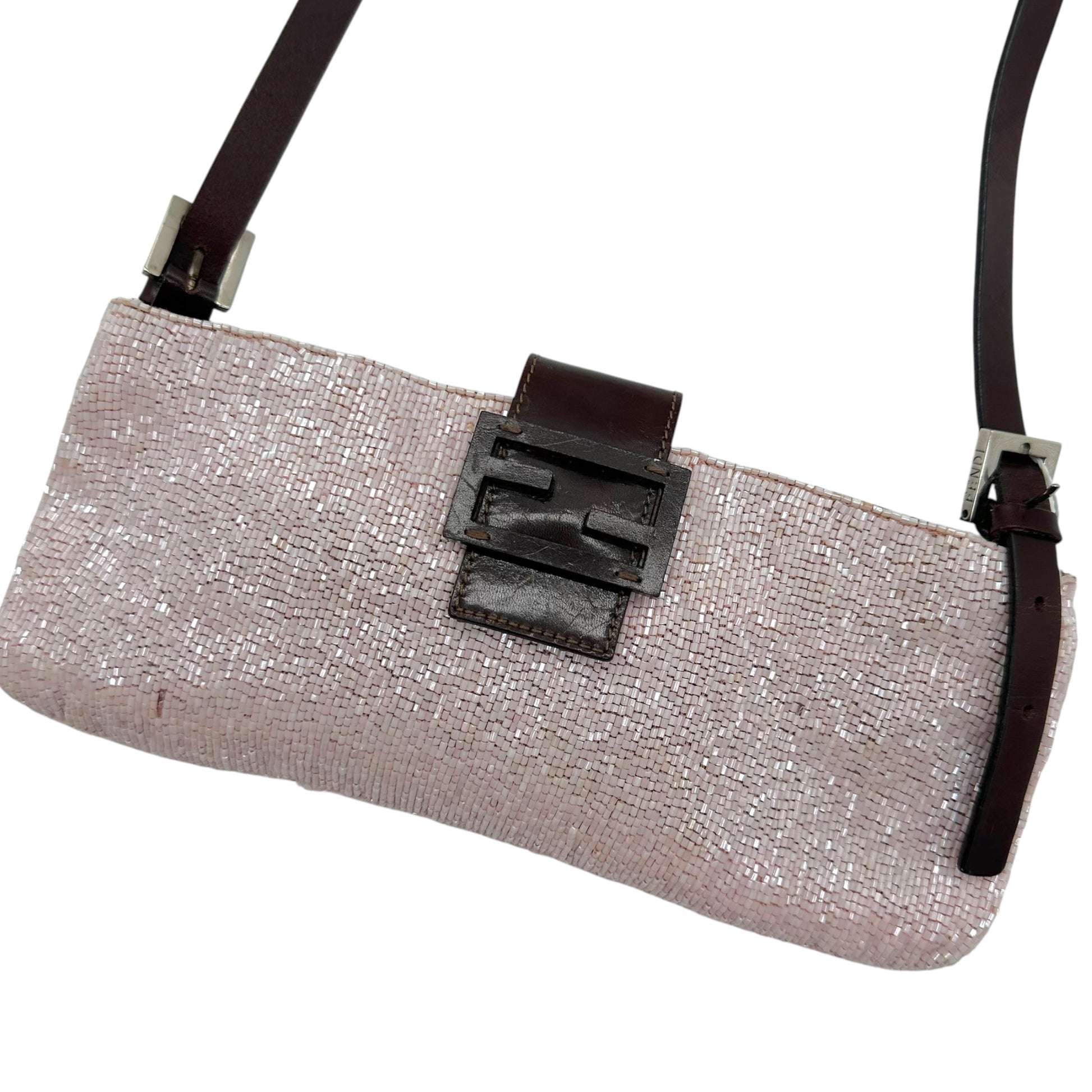 Fendi Crossbody Baguette Bag Light Pink Beaded Brown Leather