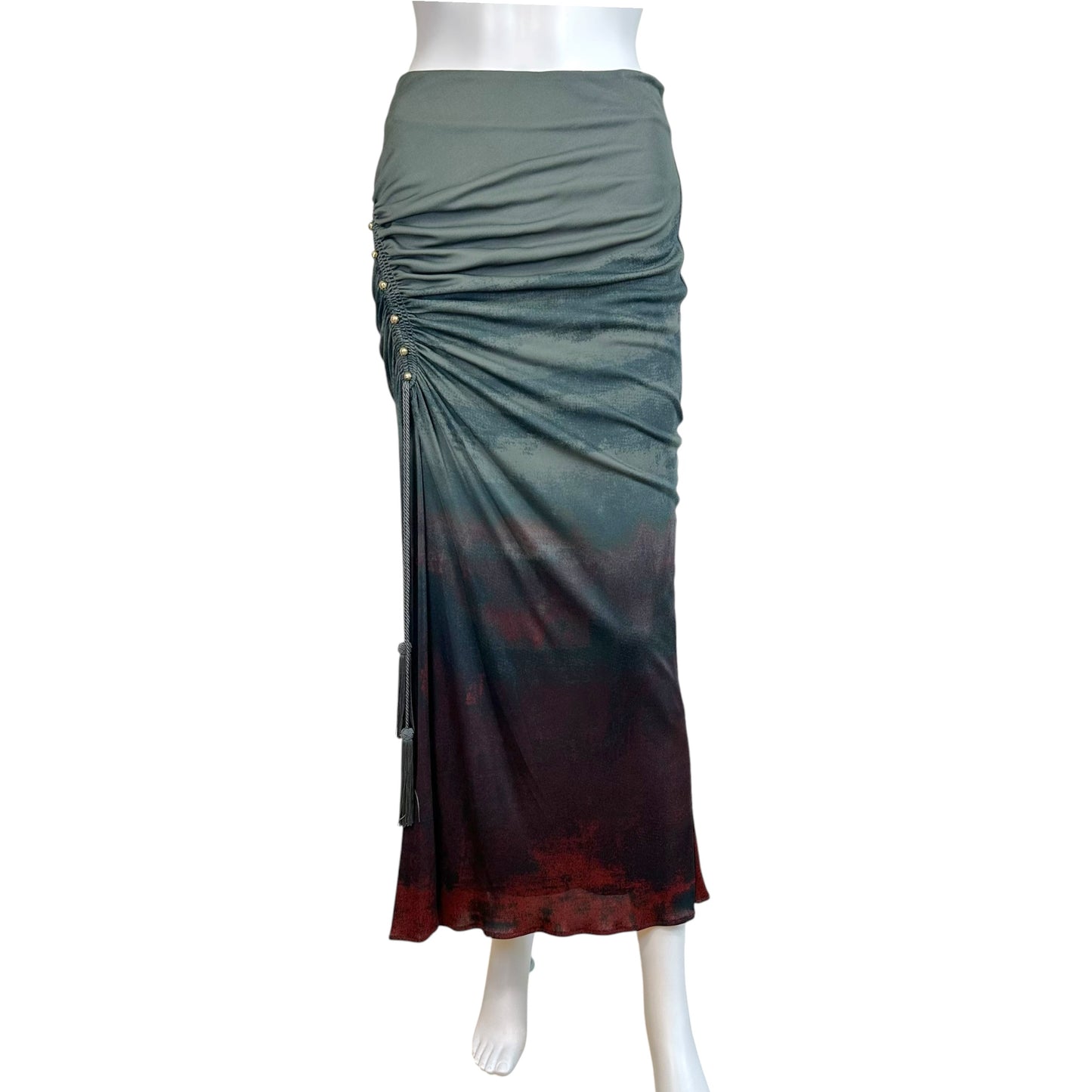 Roberto Cavalli Gray & Burgundy Gradient Print Ruched Side Maxi Skirt NEW