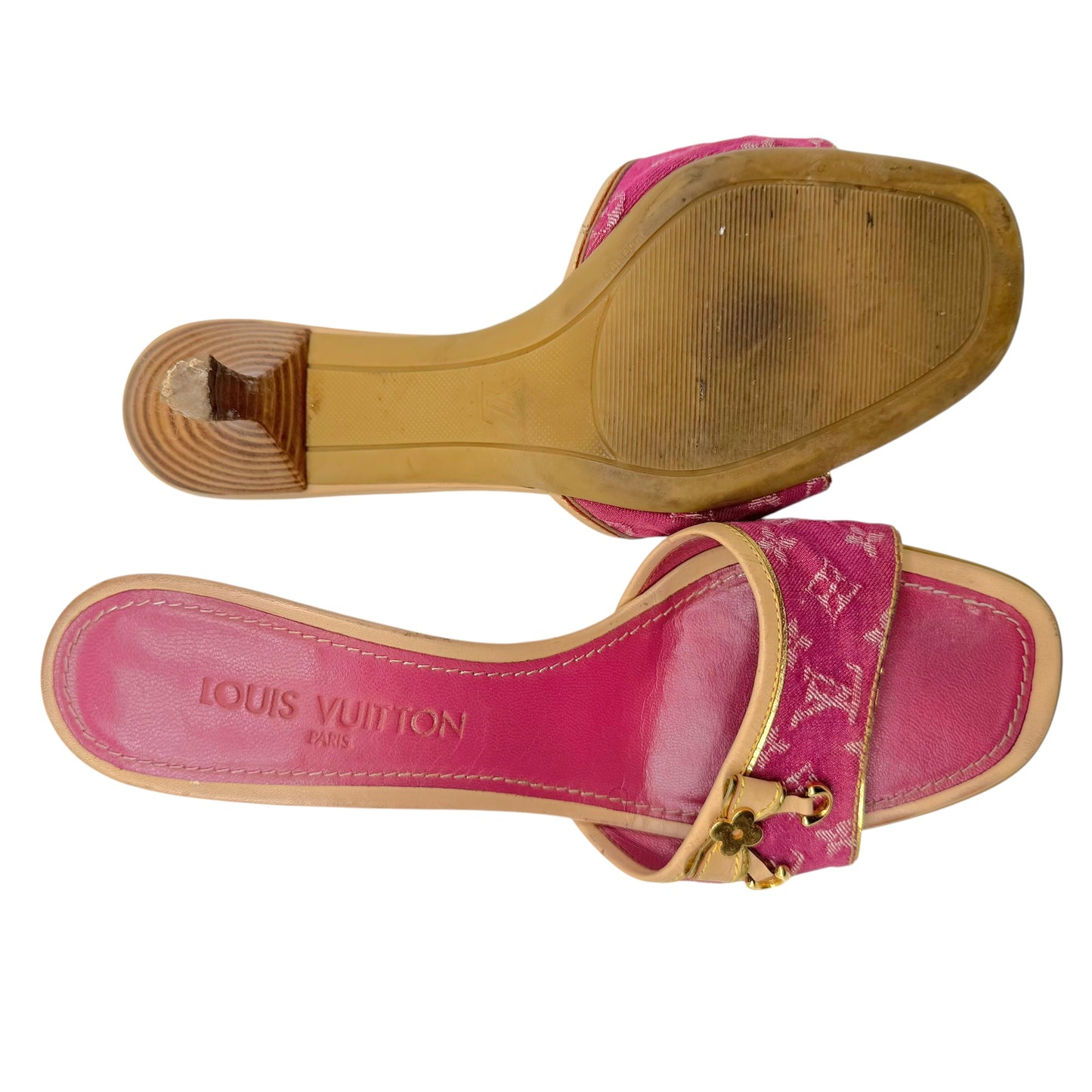 Louis Vuitton Pink Denim Monogram Kitten Heel Mule Sandals