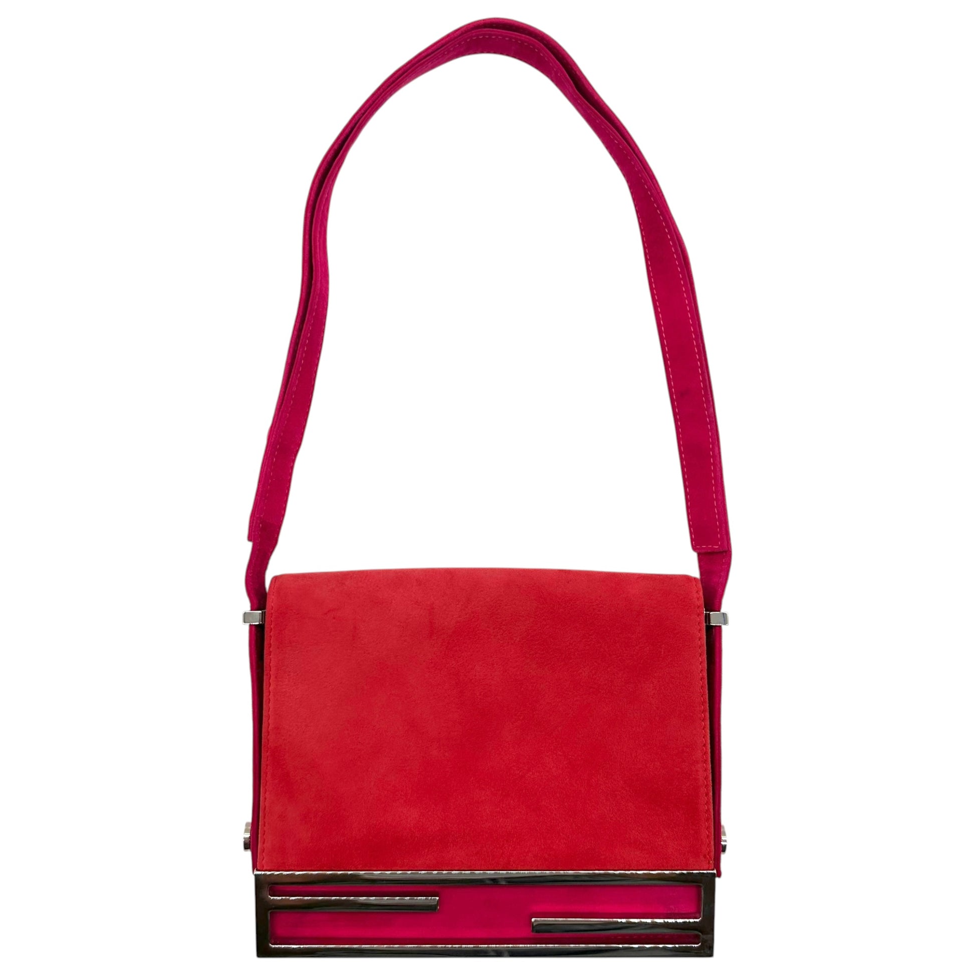 Fendi Convertible Shoulder Bag Pink Red Suede Logo Emblem