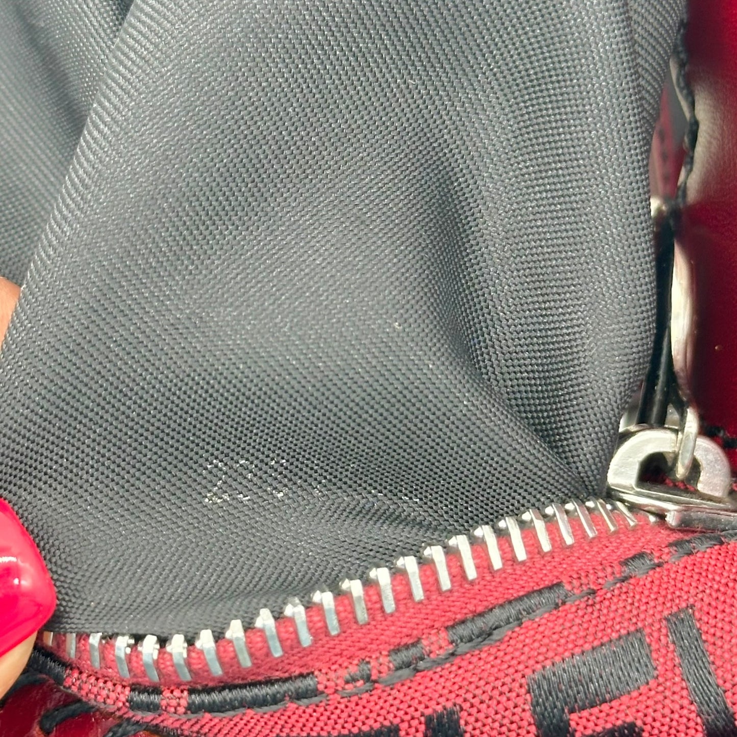 Fendi Red & Black Zucchino & Etched Leather Oyster Shoulder Bag