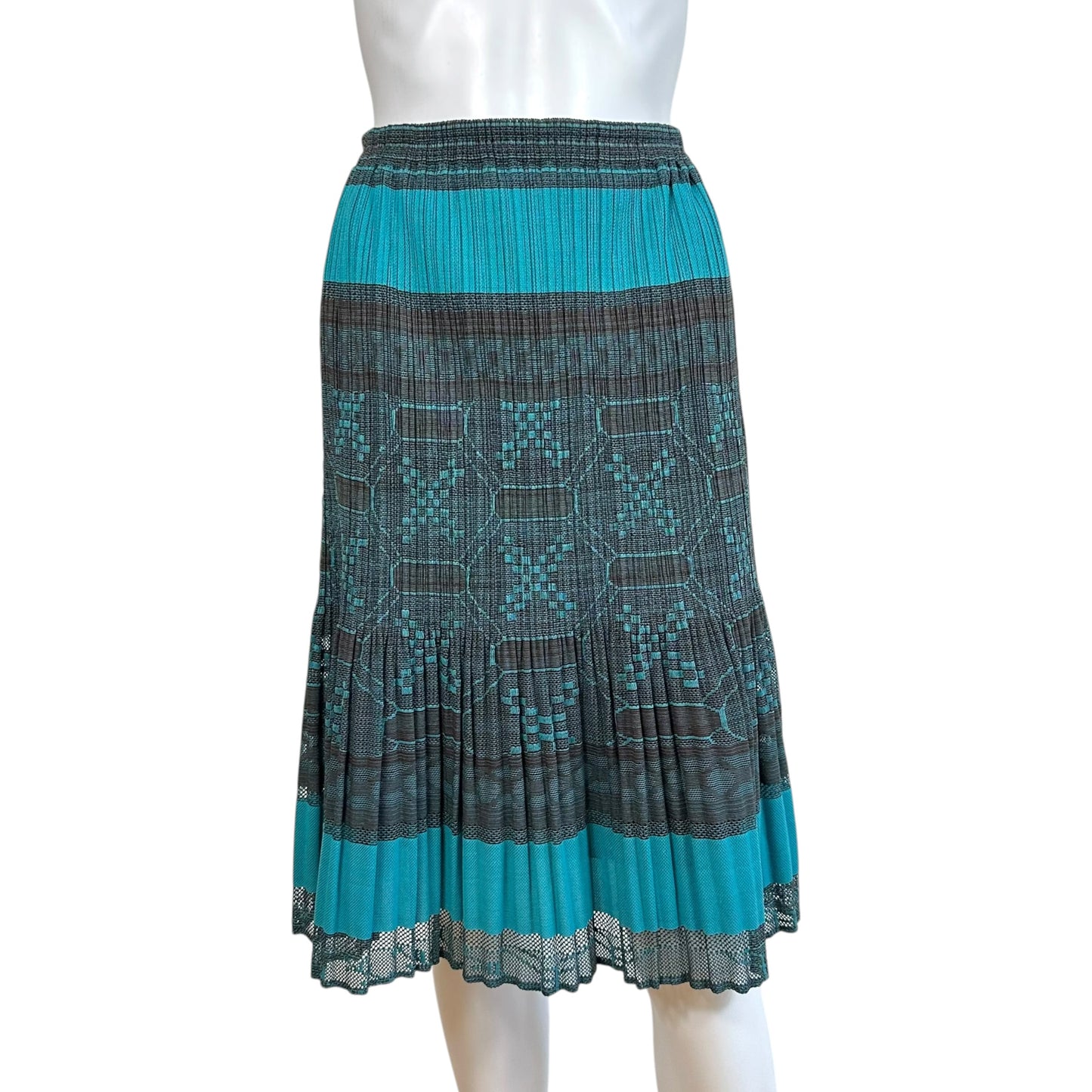 Issey Miyake Pleats Please Turquoise & Brown Tribal Print Pleated Midi Skirt