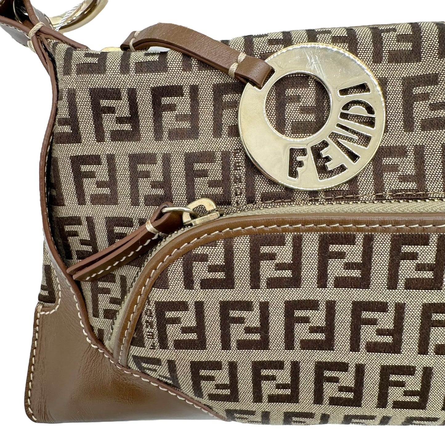 Fendi Brown Leather Trim Zucchino Monogram Shoulder Bag - Outfit Repeater
