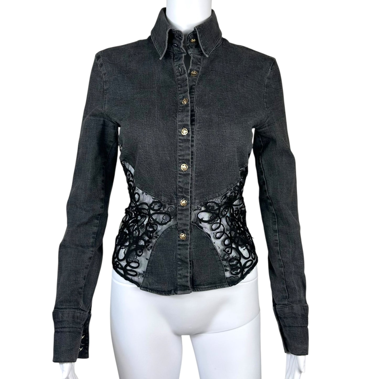 Versace Jeans Dark Wash Lace Cut-Out Button Up Top
