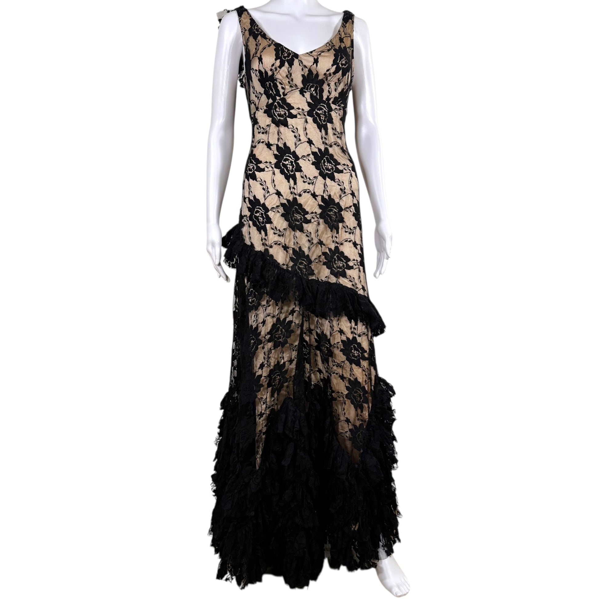 Galliano Black Lace Gown Dress Ruffle Trim Sleeveless