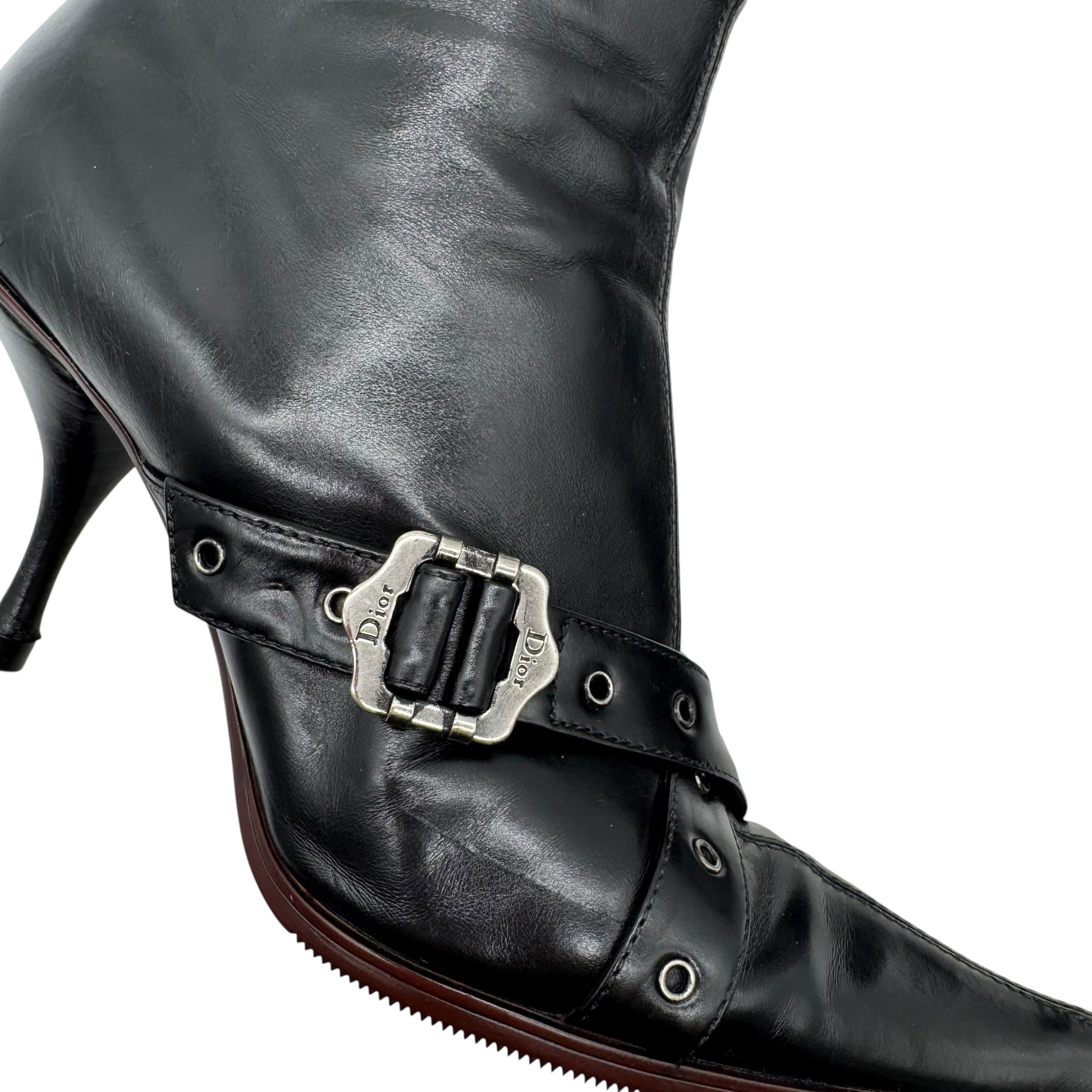 Christian Dior Black Leather Heeled Buckle Boots - Outfit Repeater