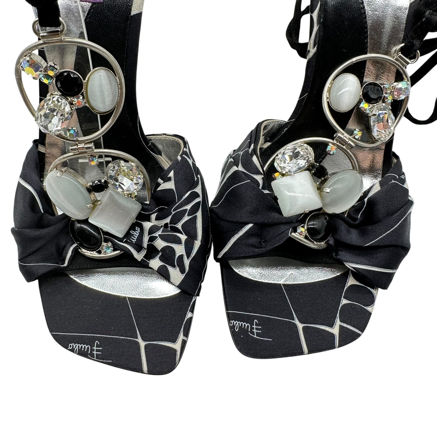 Emilio Pucci Crystal Embellished Black Silk Printed Wrap Heels